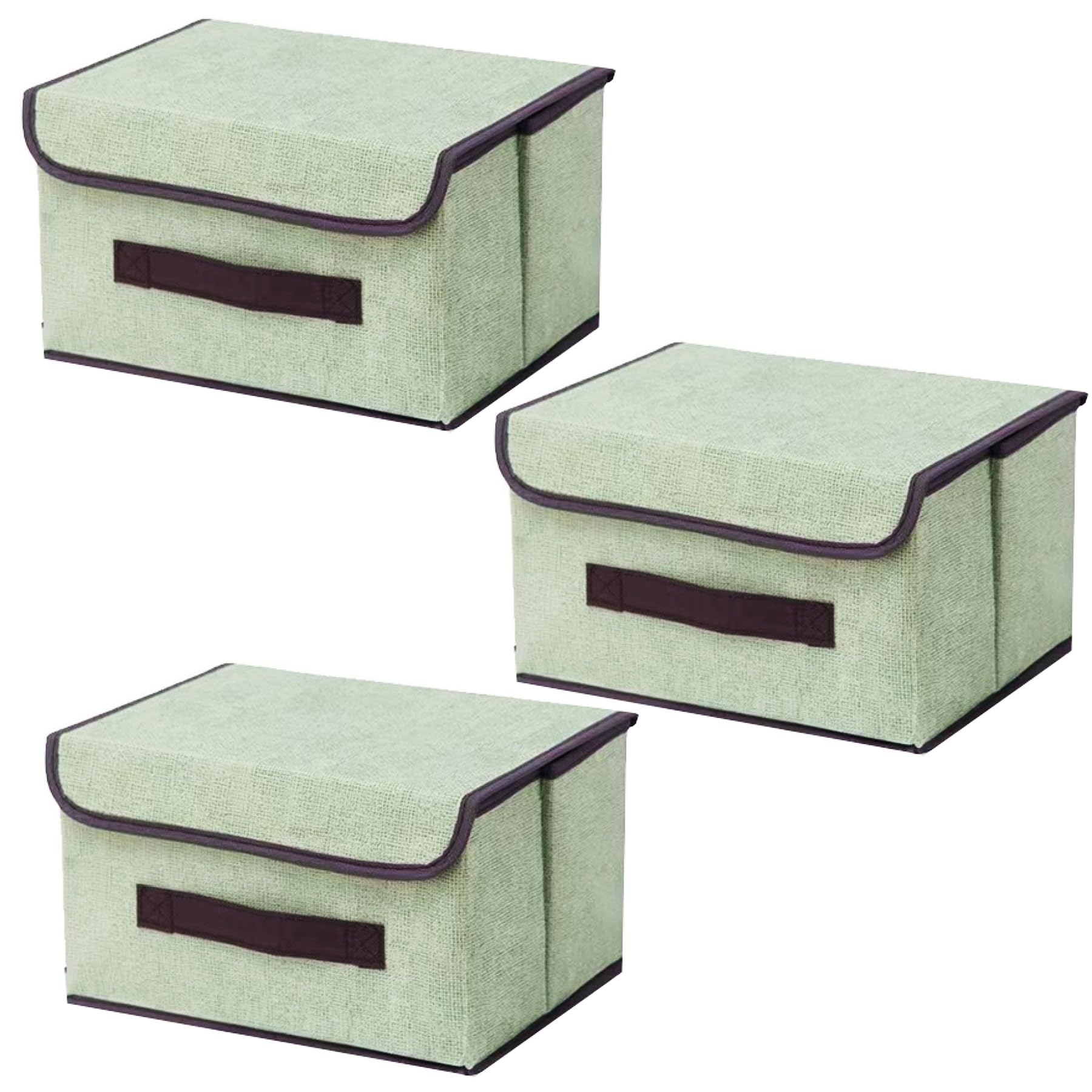 EURXLQ 3 Foldable Storage Box with Lid,Linen Fabric Foldable Storage Bin Organizer Basket with Flip-Top Lid & Handles,Clothes Blanket Box for Home,Office,Closet (Green, 26×19×16 cm)