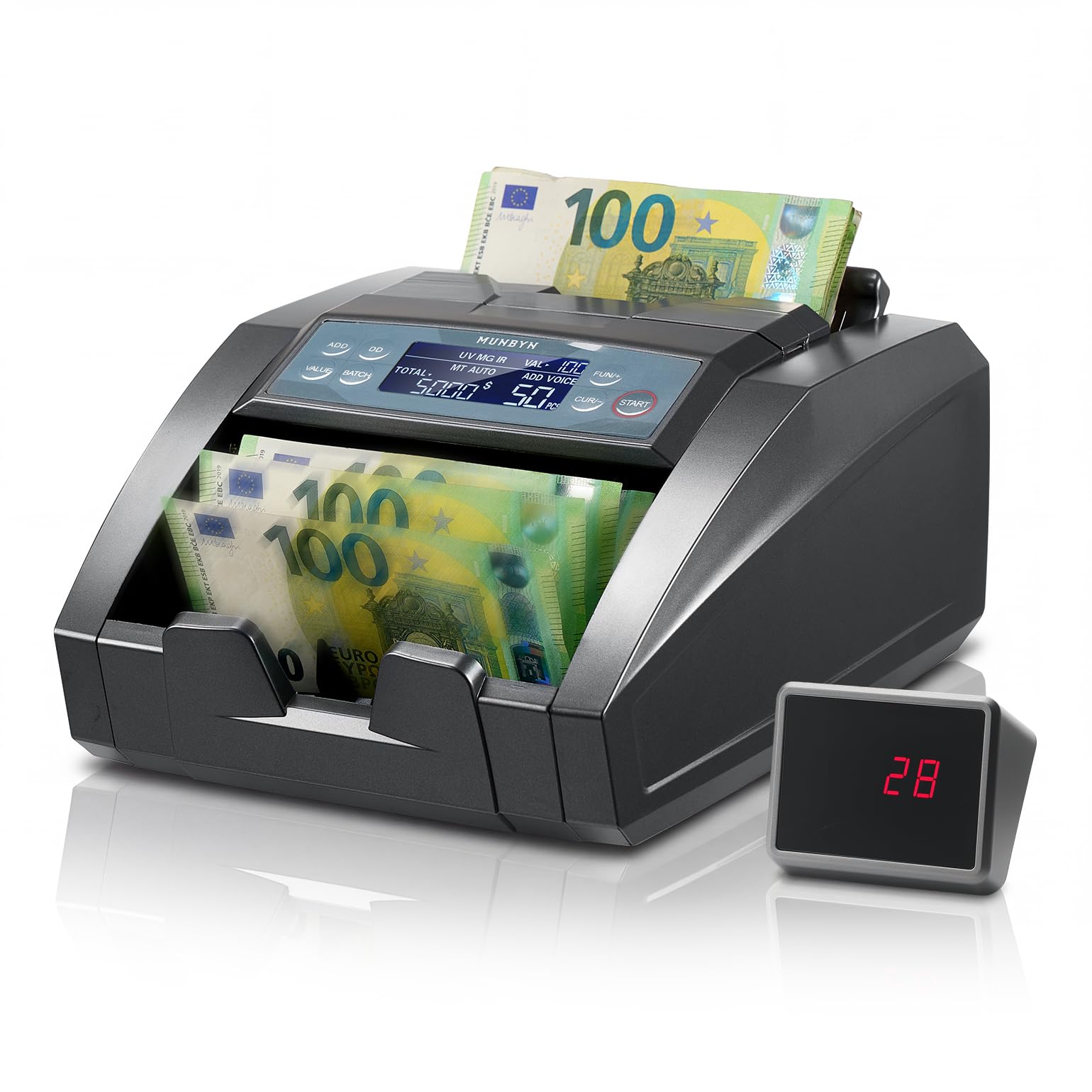 MUNBYN IMC27 Macchina conta banconote, Macchina conta soldi aggiungi+lotto, Rilevamento UV/MG/IR/MT/DD USD/EUR, 1300 banconote/min, Assistenza per 2 anni