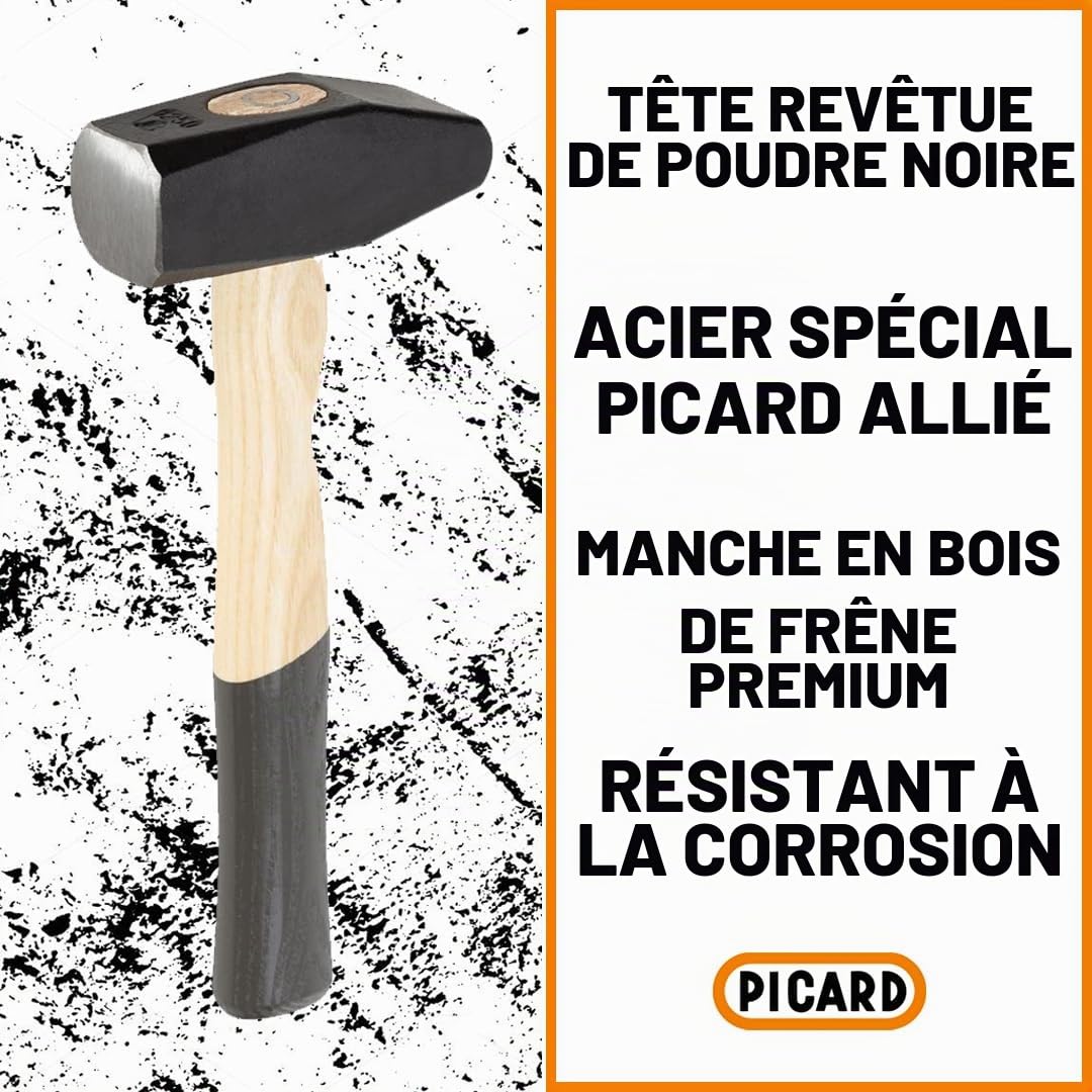 PICARD Marteau forgeron, forme courte, no. 1c ES, 1.250 g | Maillet forgé avec manche en frêne | Marteau robuste en acier spécial PICARD | Robustesse & précision pour la forge