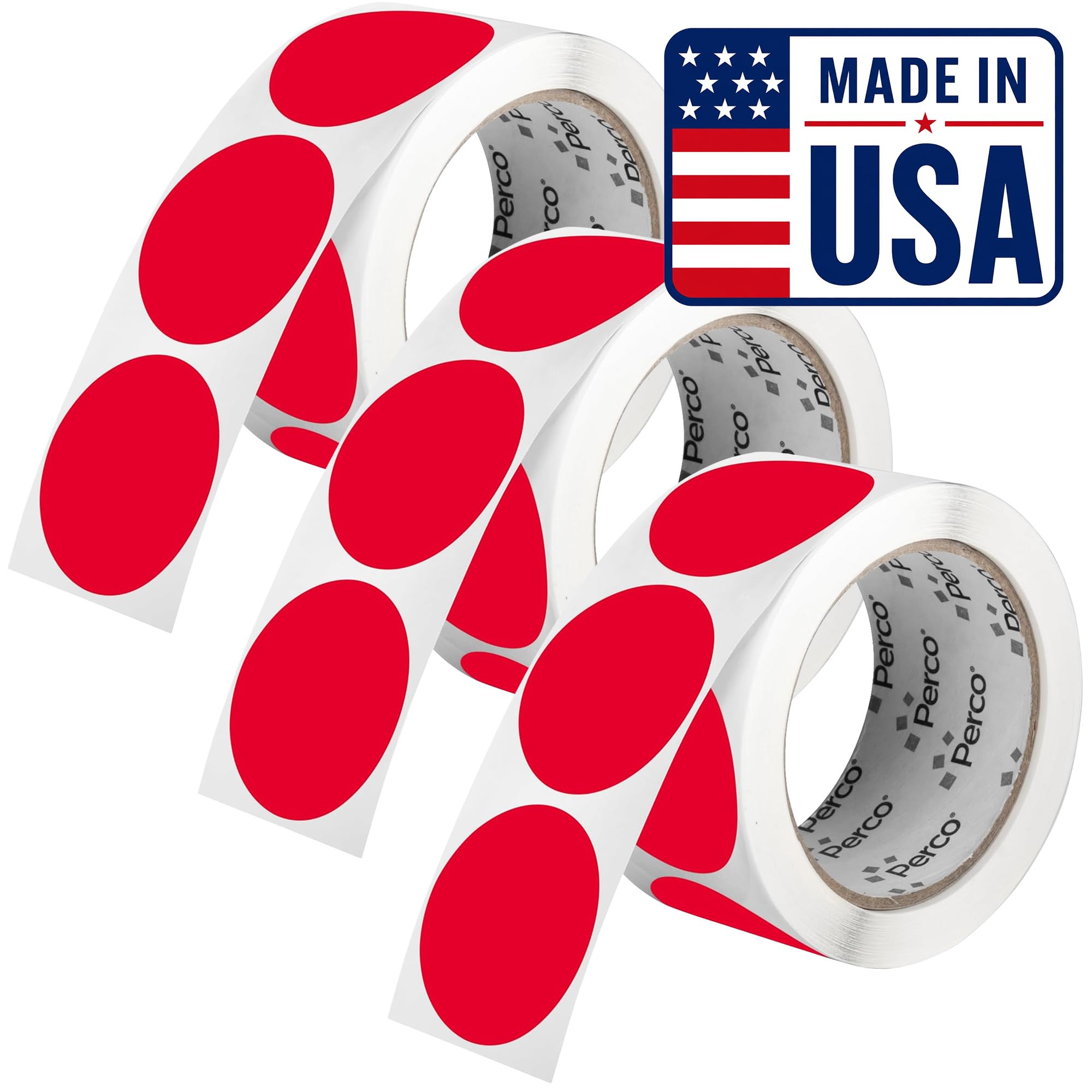 Perco Red Perforated Round Circle Dot Sticker 2-Inch Labels — 3 Rolls, 1,500 Stickers - Sale, Discount &amp; Urgent Warning Labels, High Visibility - Made in USA