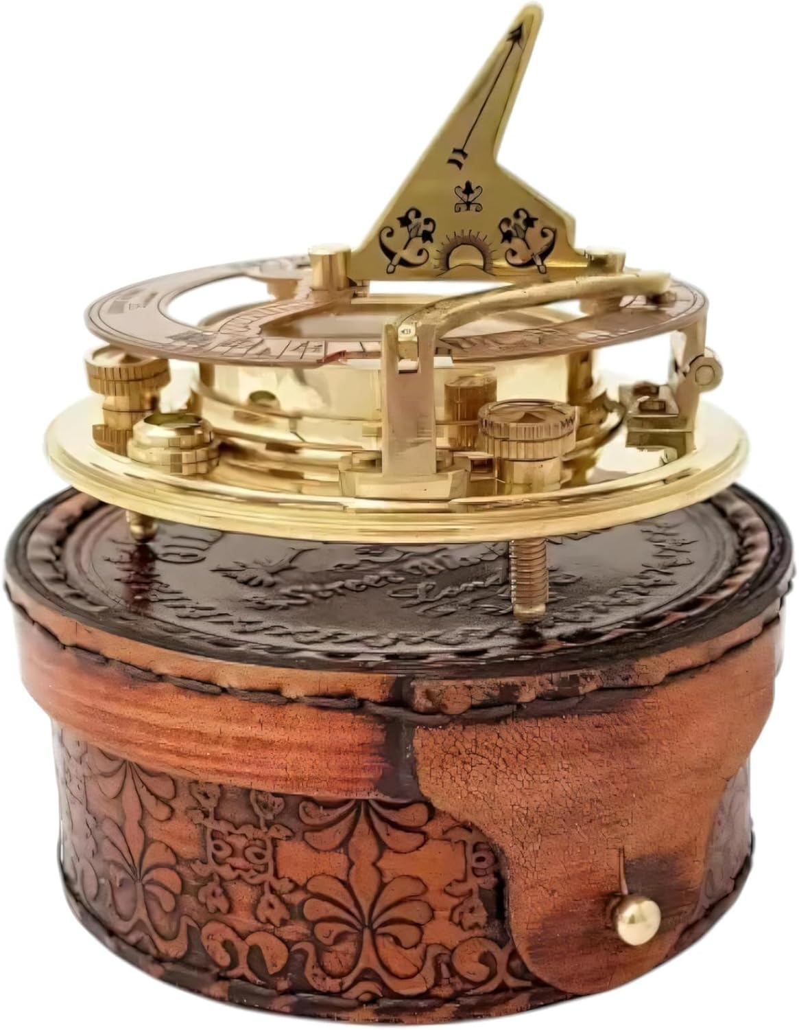 Antique Brass Sundial Compass with Leather Case – Vintage Nautical Directional Compass for Hiking, Camping, Home Décor & Gift
