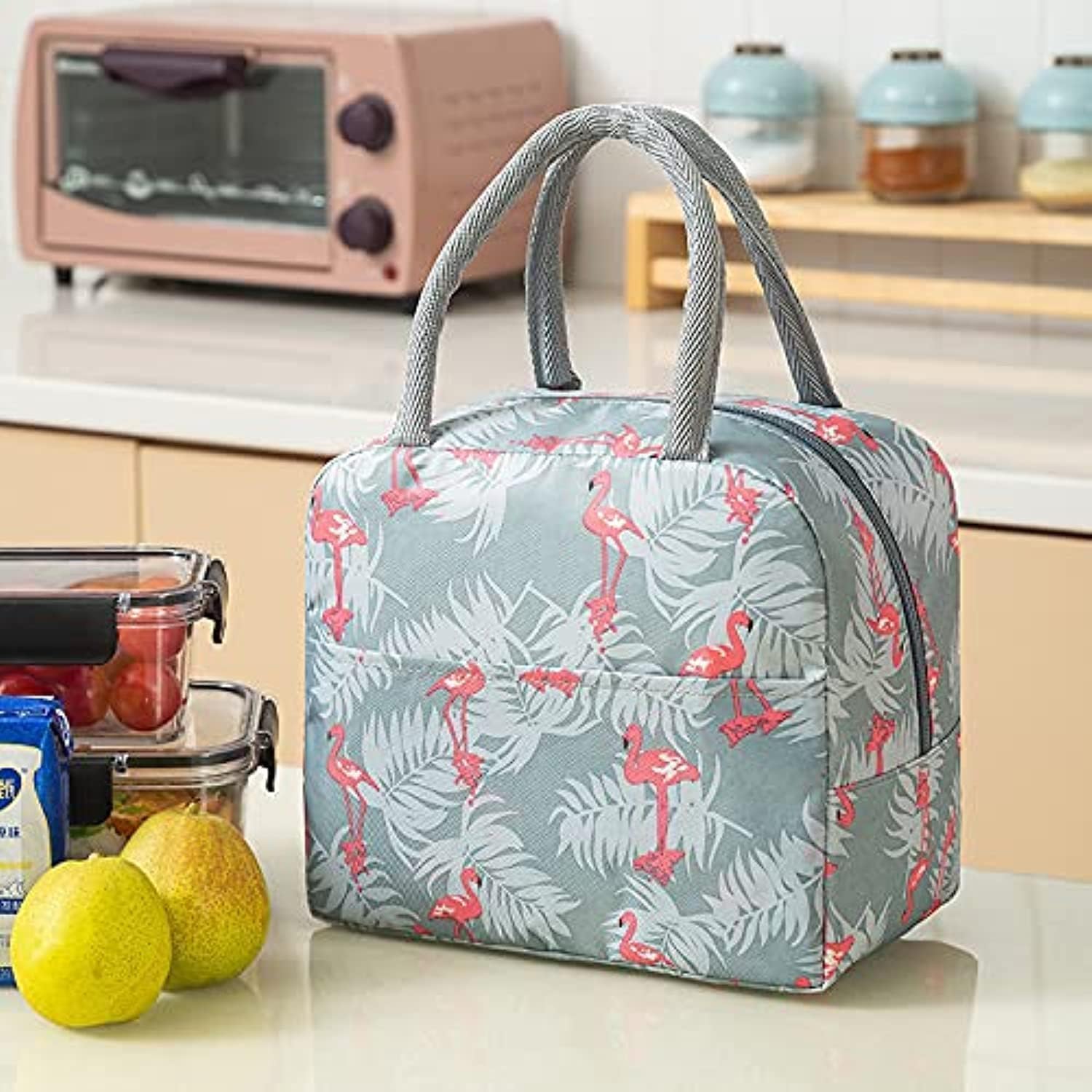 Coolbaby insulated lunch bag for women men, reusable lunch tote lunch box organizer cooler bag with front pocket for work travel picnic (cute flamingo)