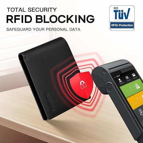 Miniatura 5 de Cartera de cuero genuino para hombre, 12 tarjetas, billetera plegable con bloqueo RFID con 2 ventanas de identificación, tarjetero con caja de regalo