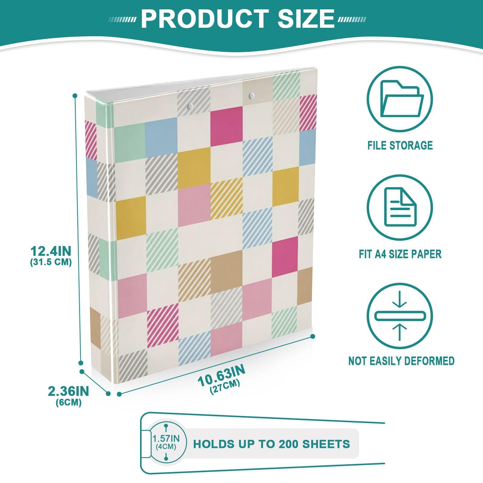 Raccoglitori a 3 anelli, 3,8 cm, a scacchiera, decorativi, rotondi, con clip in metallo, organizer per casa e ufficio, confezione da 2