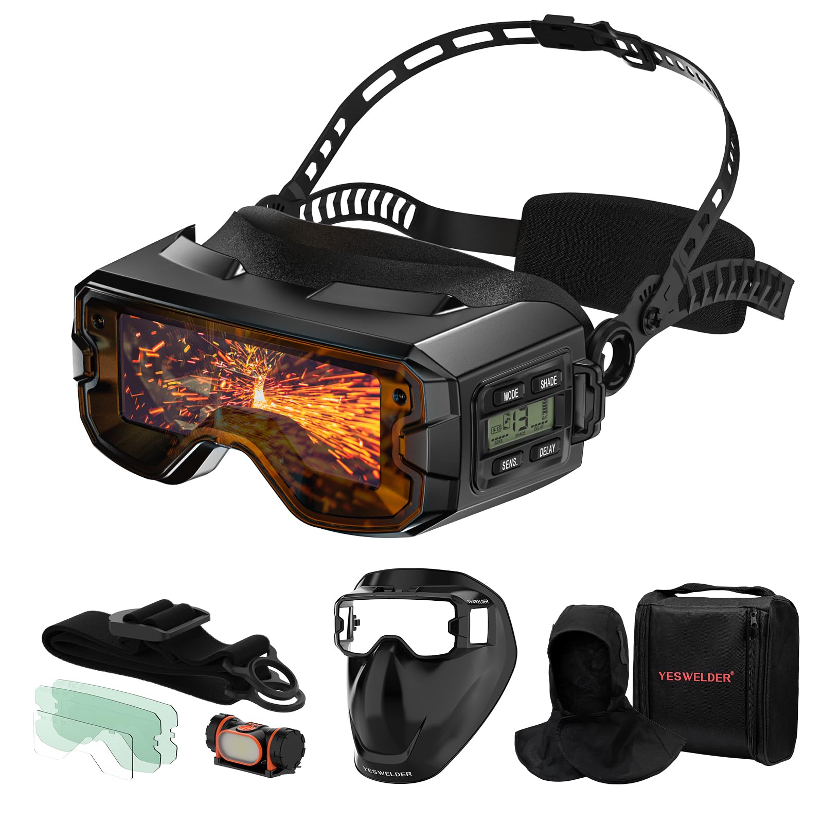 YESWELDER Auto Darkening Welding Goggles Kit with Mask, LED Lighting, True Color 2 Arc Sensors Wide Shade 3/5-9/9-13 Welding Glasses Welding Helmet