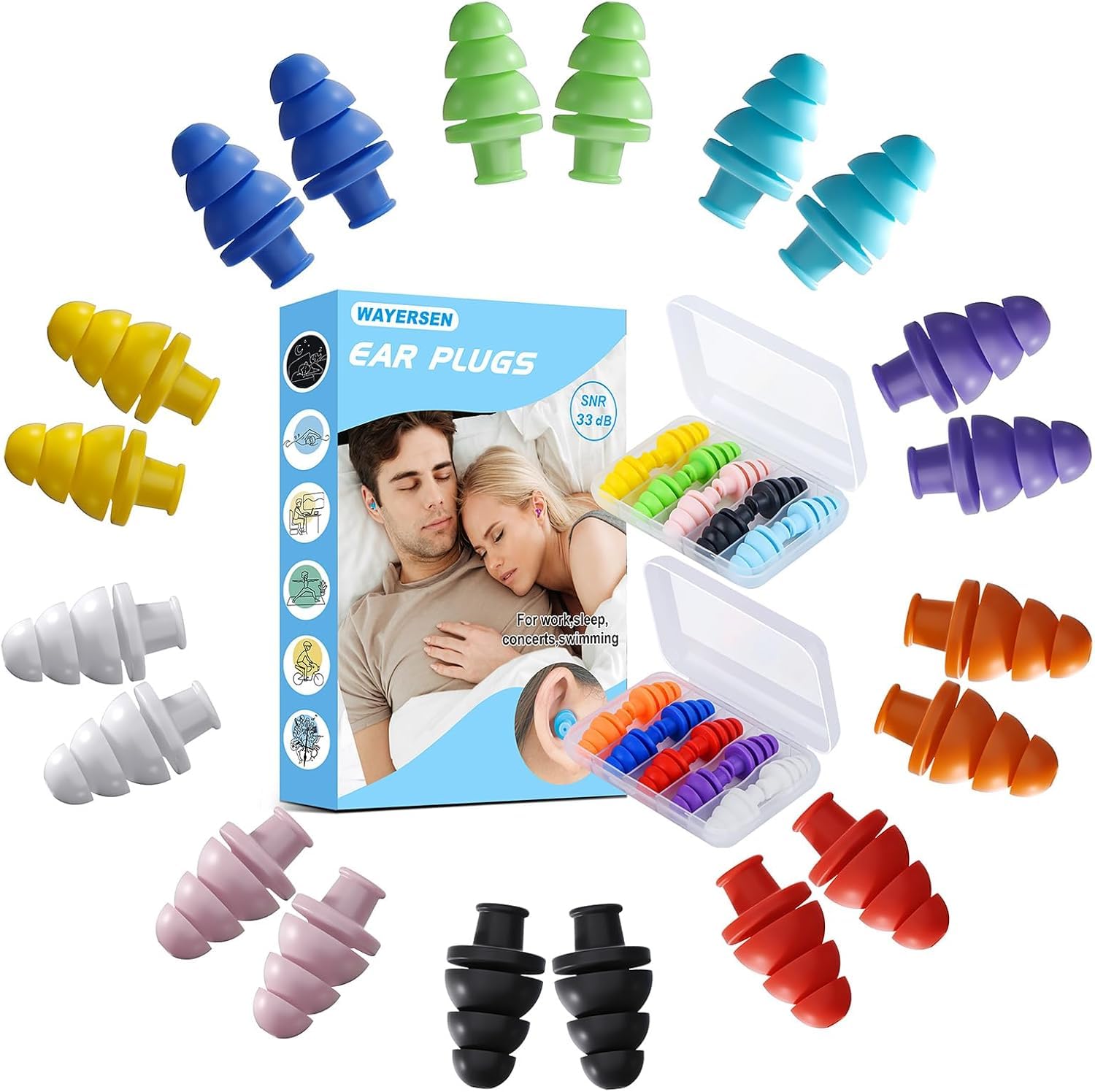 Silicone Ear Plugs for Sleeping Noise Cancelling, 10 Pairs Reusable Earplugs for Sleeping, Concert, Snoring, Travel, Work, 10 Colors, 33dB SNR — view 7
