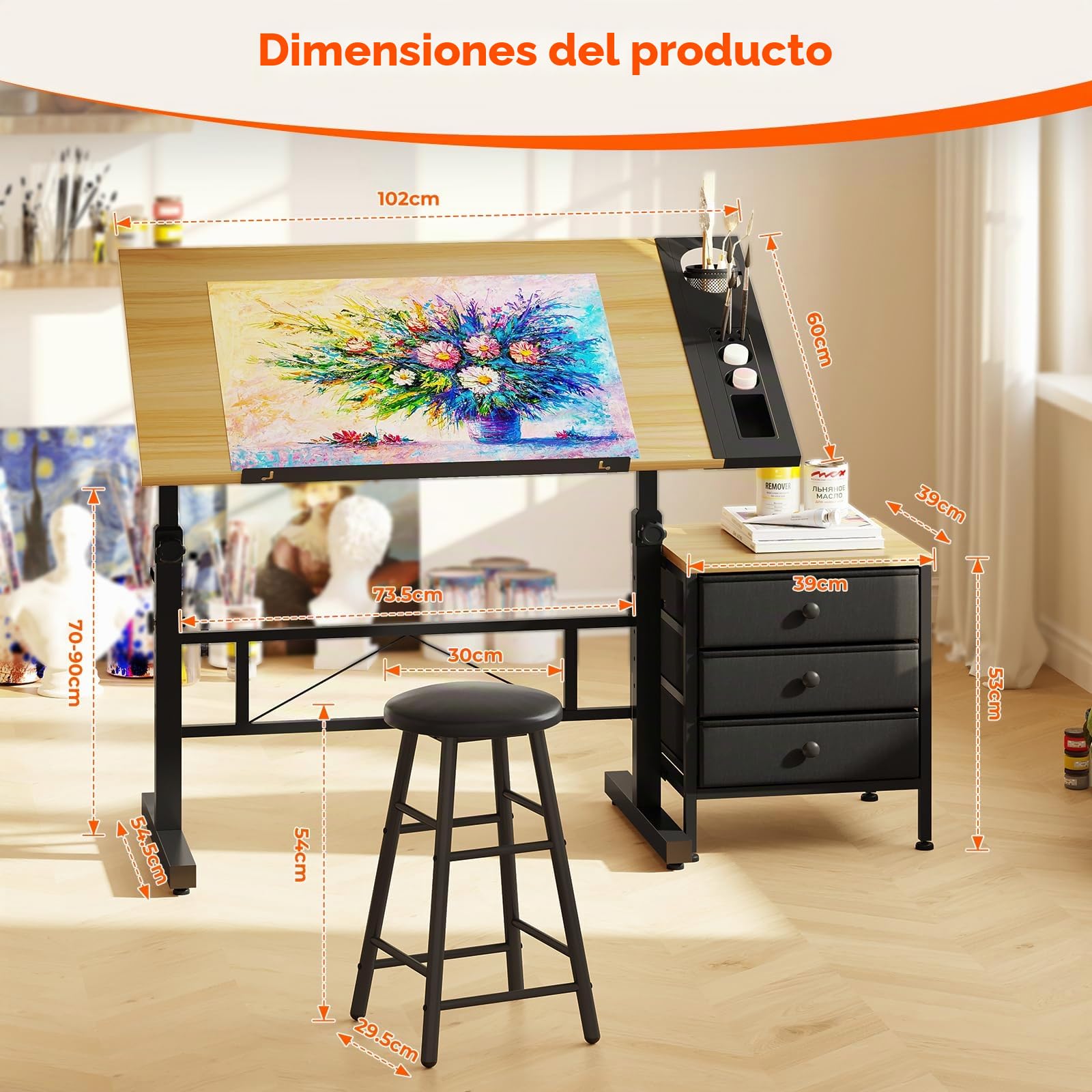 Dripex Mesa de Dibujo Profesional con Tablero Inclinable Altura Ajustable, Artista de Pintura Arquitecto Estudio Dibujo Escritorio para Computadora con Taburete y Taquillas, Color Madera
