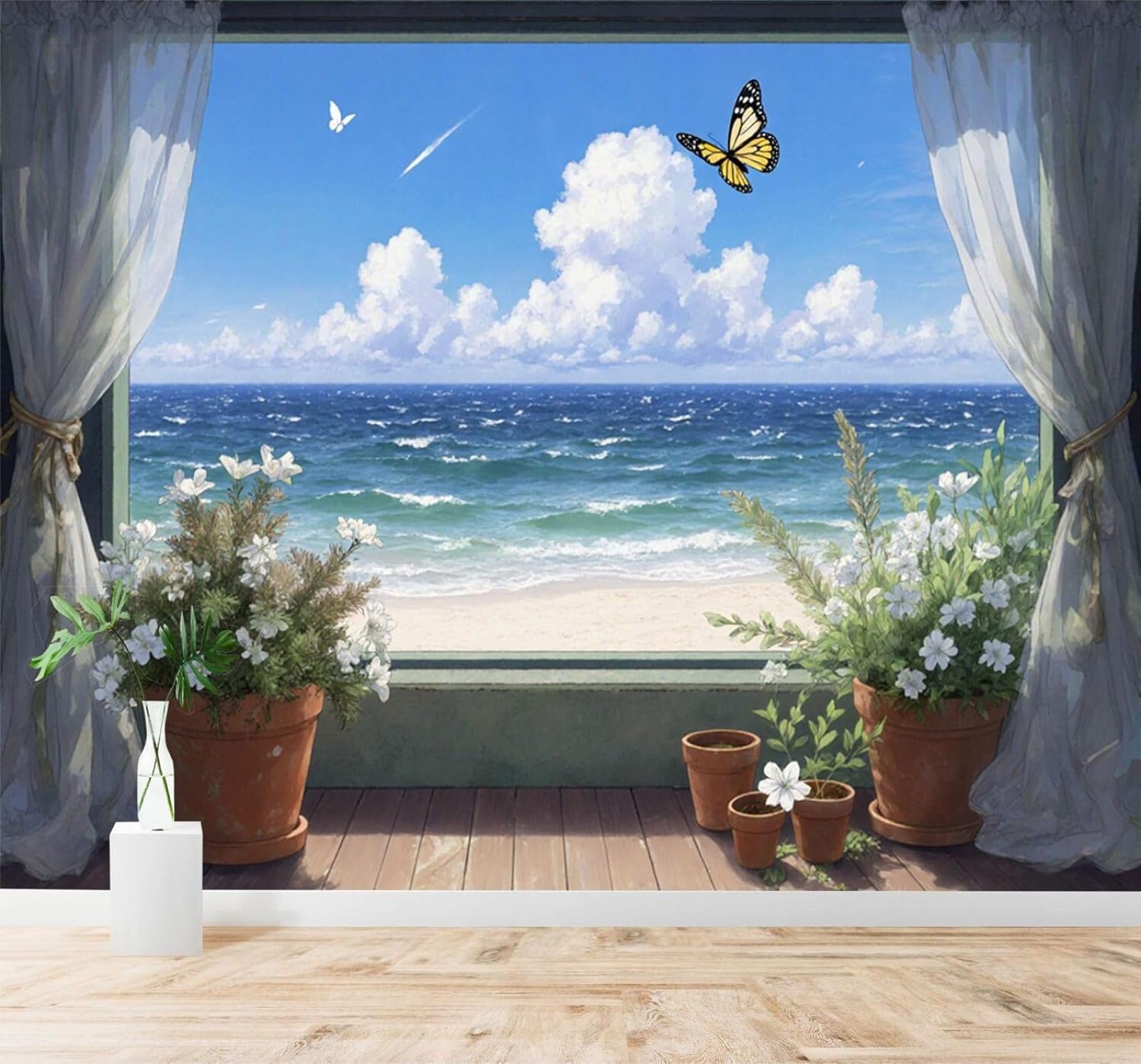 XLMING Blue Sky White Clouds Flowers Butterflies The Sea Scenery 3D Wallpaper Silky Texture Home Study Office Grey Dining Room Sofa Bedroom Living Room TV Backdrop-400cm×280cm