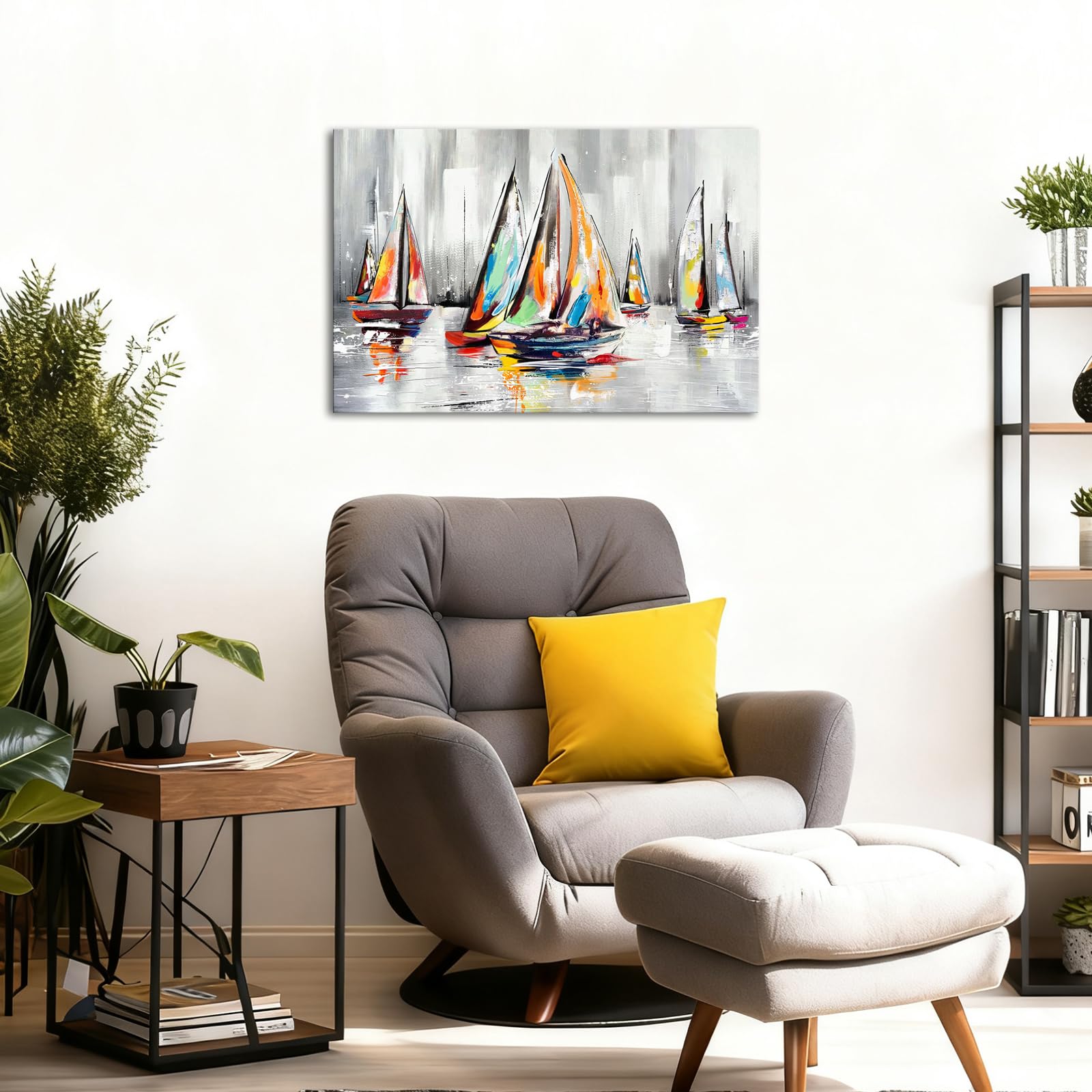 KLVOS Colorful Sailboat Canvas Wall Art Abstract Boats Painting