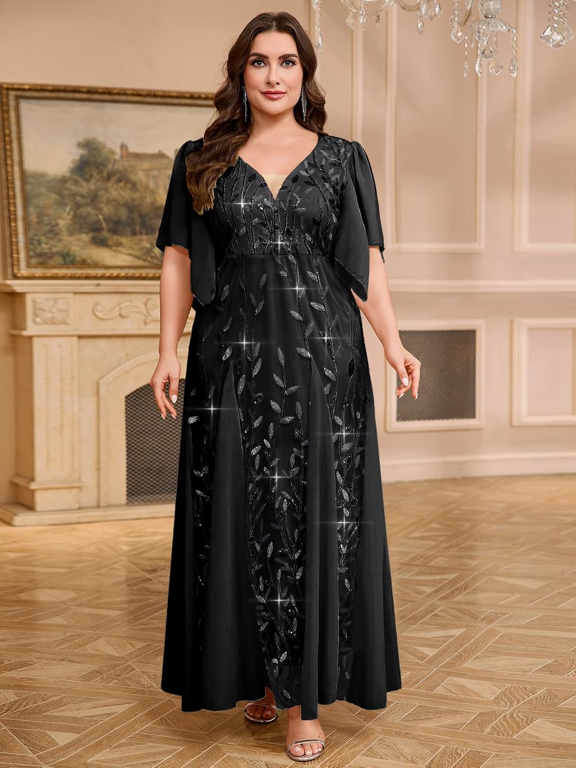 CYCLAMEN Plus Size Formal Dresses Sequin Embroidery V-Neck A Line Floor Length Wedding Guest Cocktail Evening Gown - Image 5