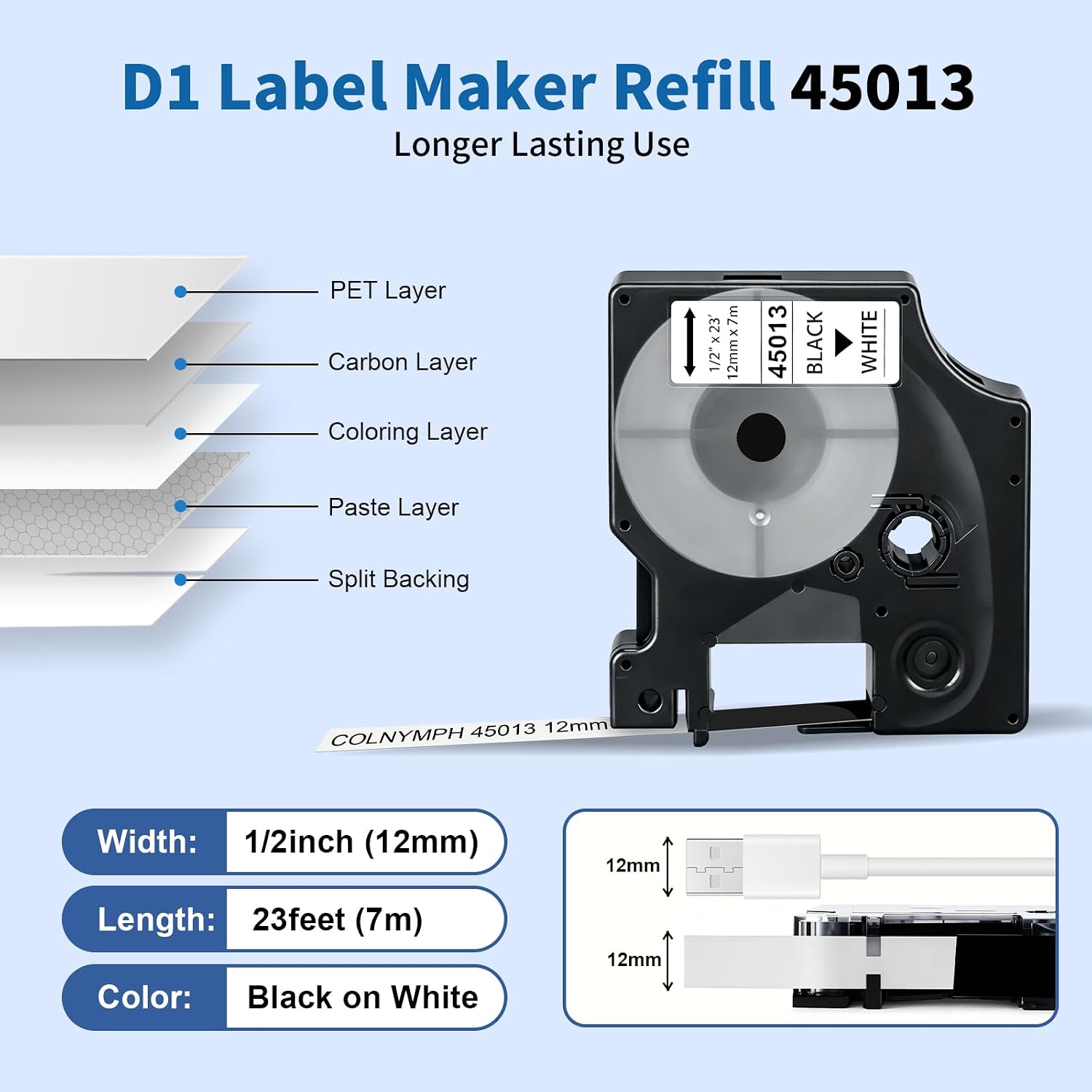 3-Pack Compatible with Dymo d1 Label Tape Cartridges 45013 1/2 Inch x 23 Ft Replacement for Dymo Label Maker Refills d1 a45013 S0720530 Black on White for LabelManager 160 280 210D 360D 420P PnP