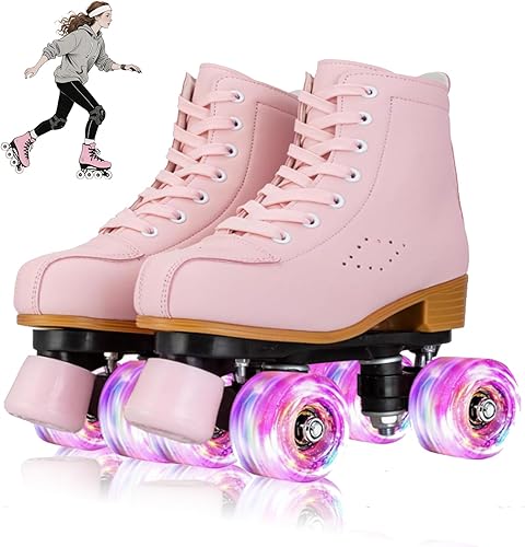 YYW Patines de piel sintética de alta calidad para mujer, patines Derby para exteriores, unisex, principiantes, con ruedas iluminadas