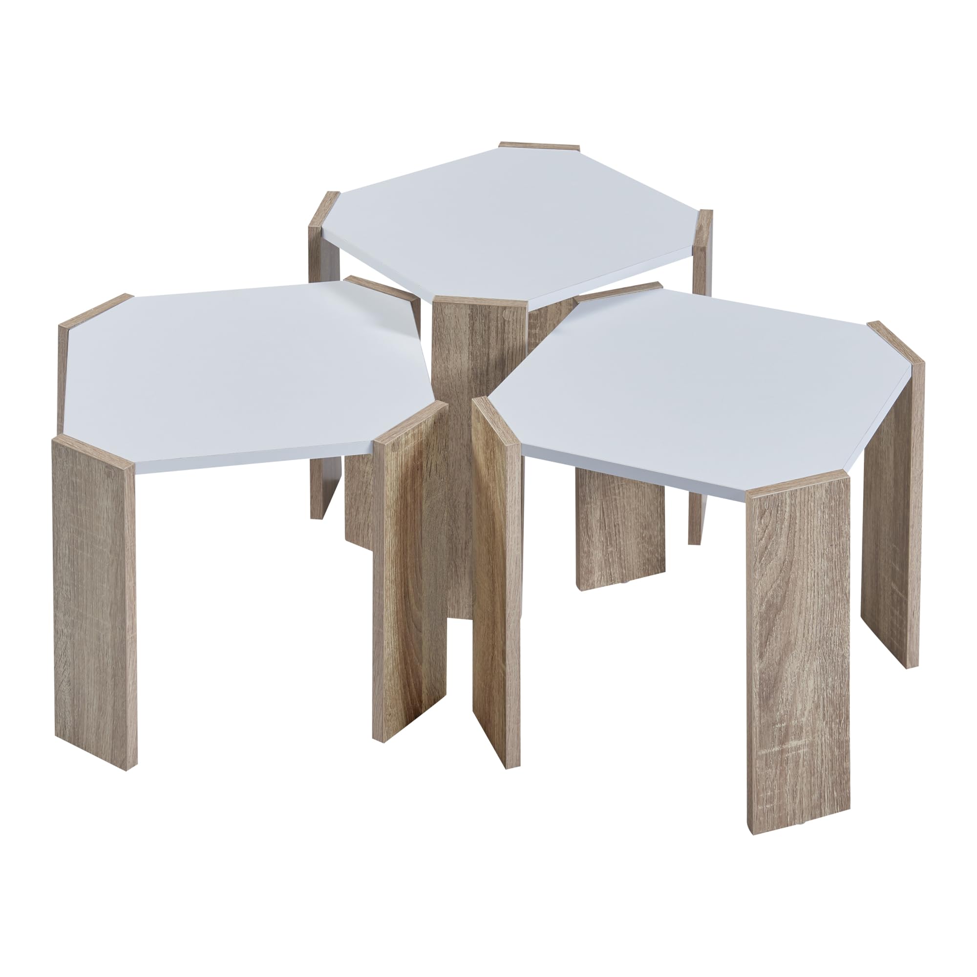 [en.casa] Ensemble de 3 Tables Basses Gigognes Lot de 3 Tables d'Appoint de Hauteurs Différentes Plateau Carré Panneau de Particules 37-42 x 39 x 39 Blanc Effet Chêne