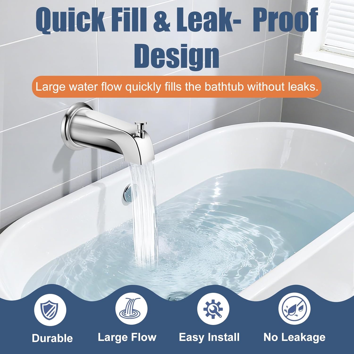 Universal Bathtub Tub Spout with Diverter, Fits 1/2" Slip-Fit Copper Pipe Connection, Pull Down Bathtub Faucet Spout Replacement, Includes Metal Cover Ring (Chrome)