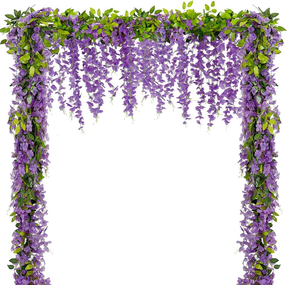 4Pcs Wisteria Artificial Flower Garland 6.9Ft Purple Wisteria Vine Silk Hanging Flowers Fake Rattan Floral Decor for Garden Outdoor Ceremony Wedding Arch Party Backdrop, Total 27.6Ft, Purple