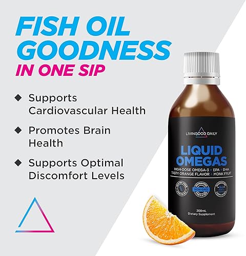 Miniatura 2 de Livingood Daily Aceite de pescado líquido Omega 3, suplemento EPA y DHA con sabor a fruta de monje y naranja, apoya la salud del corazón, las