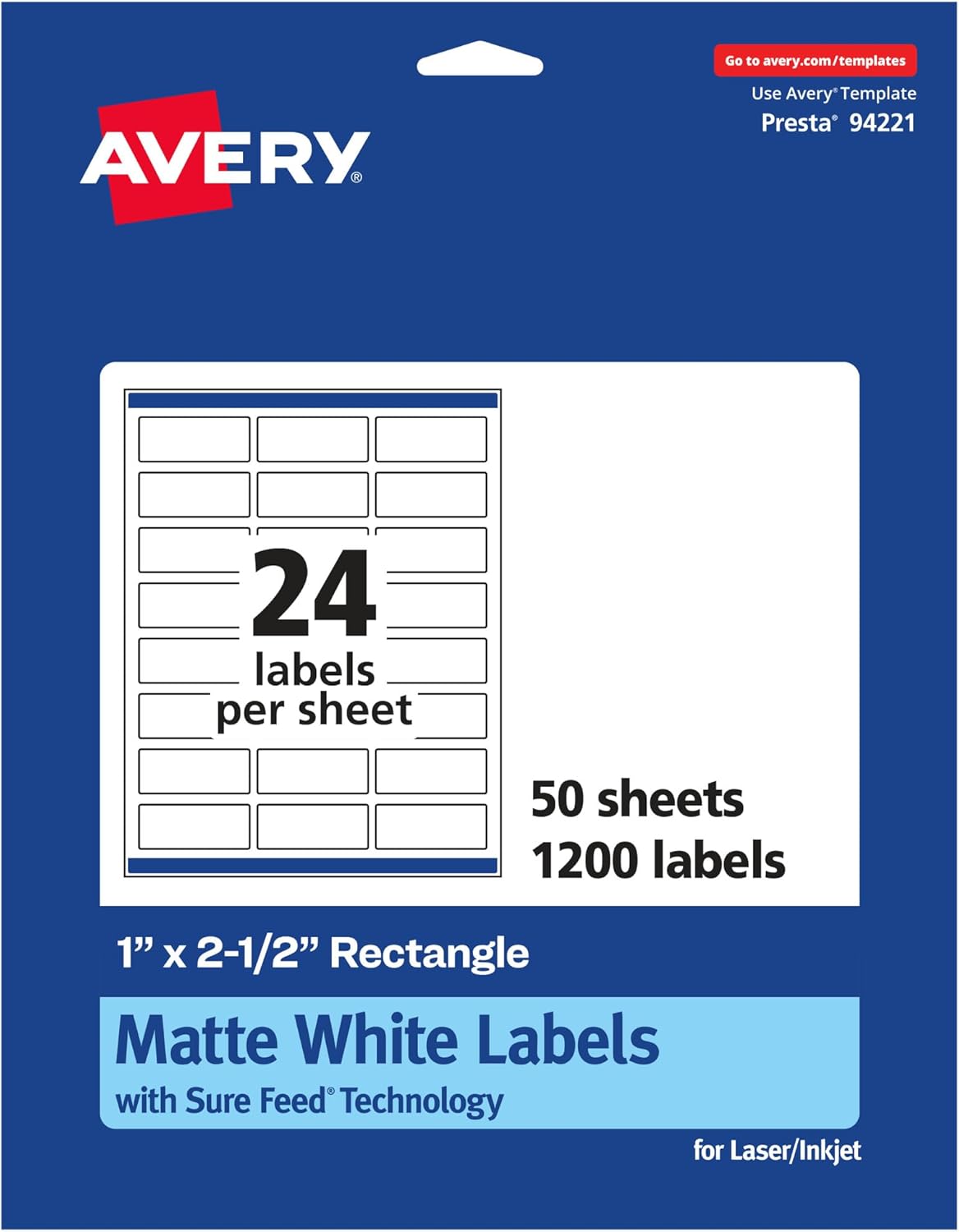Avery Matte White Rectangle Labels, Sure Feed Technology, 1" x 2.5", 1,200 Matte White Printable Labels
