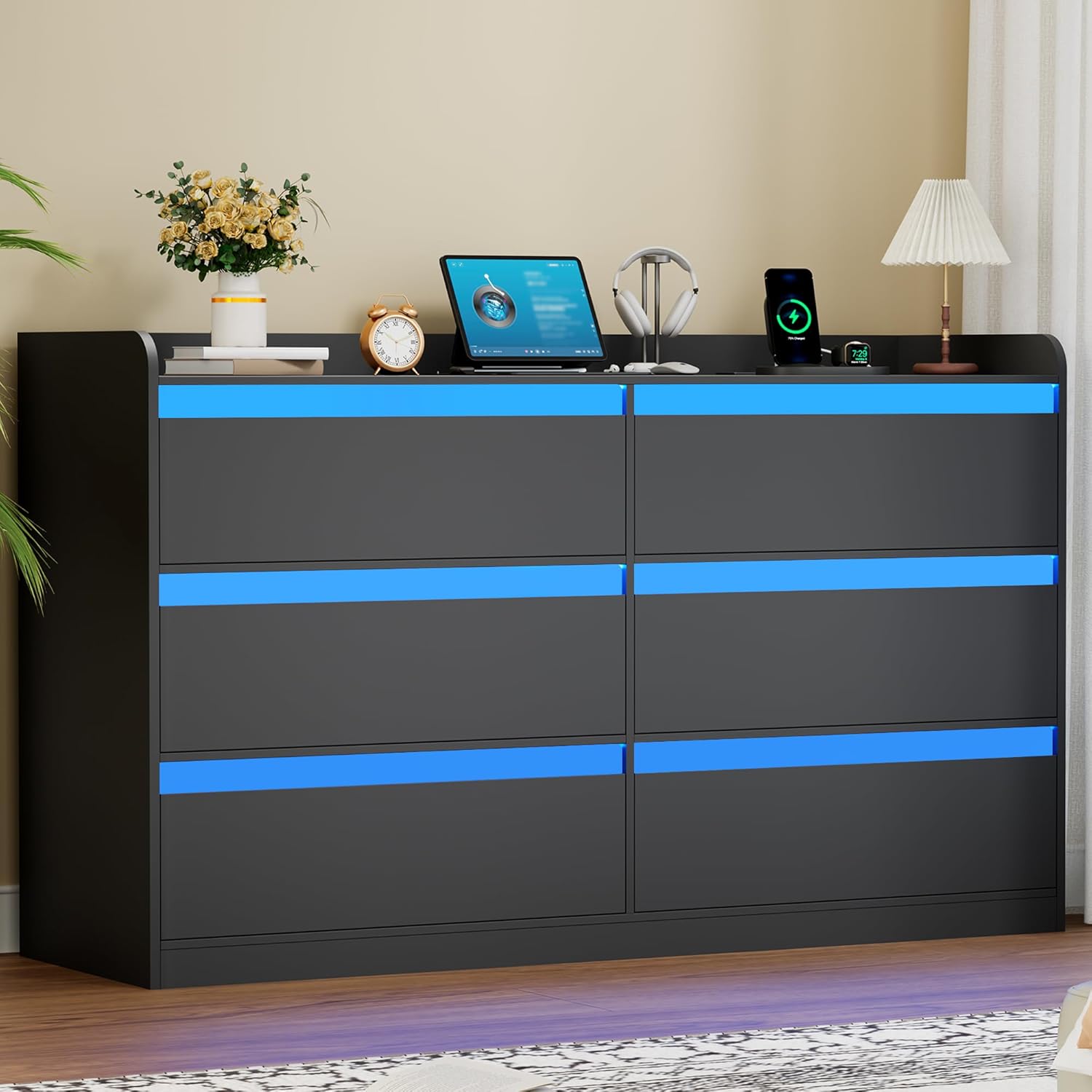Black Dresser with Power Outlet and LED Lights, Modern 6 Drawer Dresser for Bedroom, 47.2” Long Chest Of Drawer Deep Drawer Dressers TV Stand for Living Room Closet Hallway Entryway UXKCG006B