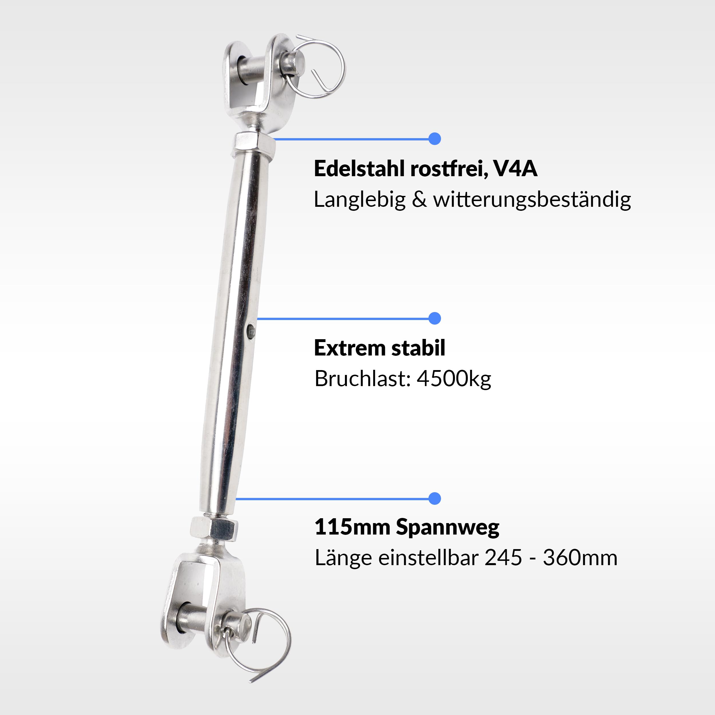 Toldoro 2x M16 Wantenspanner Edelstahl rostfrei V4A / Sonnensegel Spanner, Spannschloss, Seilspanner, Drahtspanner Gabel als Sonnensegel Zubehör/geschlossene Form