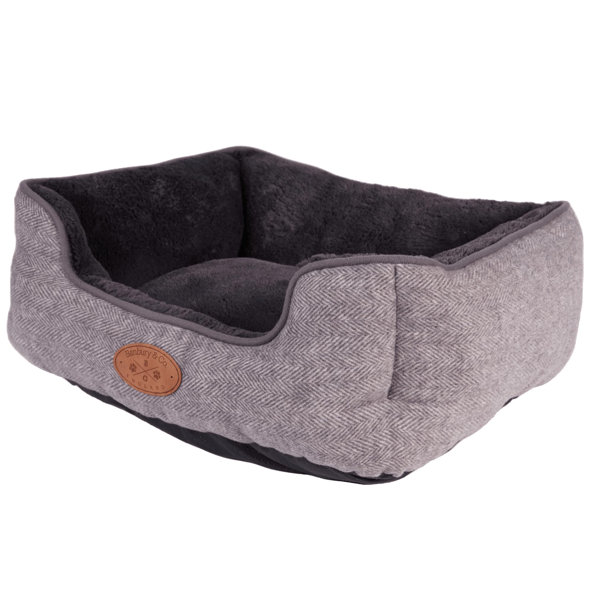 Banbury & Co Grey Dog Bed, High-Sided Herringbone Pet Sofa, Warm Extra Soft Fleece Inner Machine Washable Luxury Pet Bedding - Small | 55x42x20cm