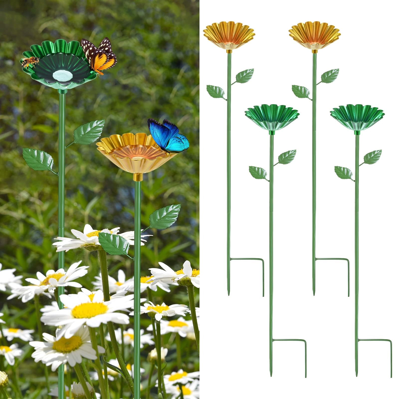 M METERXITY 4-Pack Bee Watering Station, 64cm/25 Inch Iron Bee Bath for Garden Water Feeder, Colorful Butterfly Bath Bowl for Outdoor/Garden/Yard Decor [Yellow/Green]