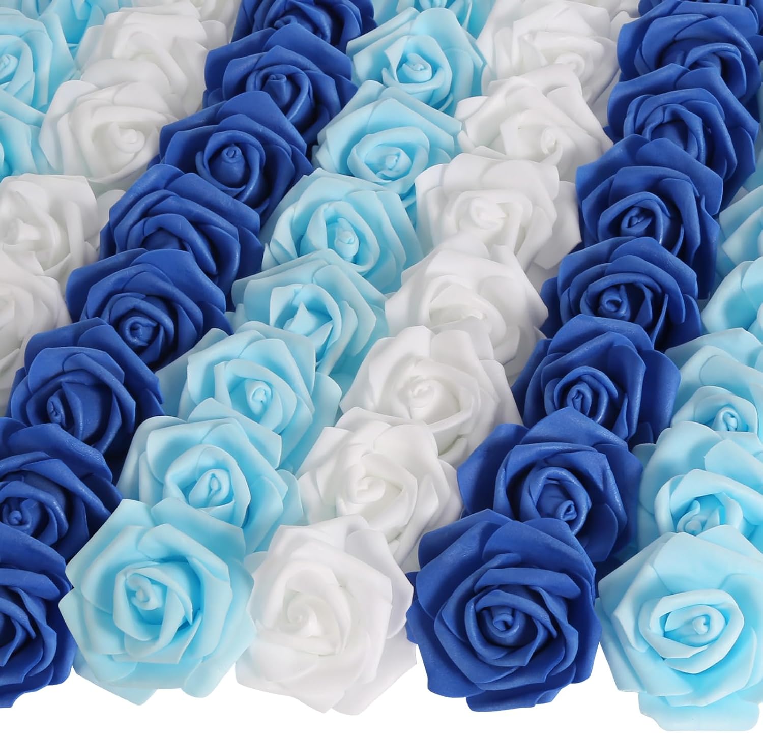 100pcs Blue Artificial Rose Flower Heads, 3inch White Foam Roses Bulk Stemless Fake Flower Heads for DIY Crafts,Cake Decoration Wedding,Baby Shower Flower Centerpieces(Shades of Blue)