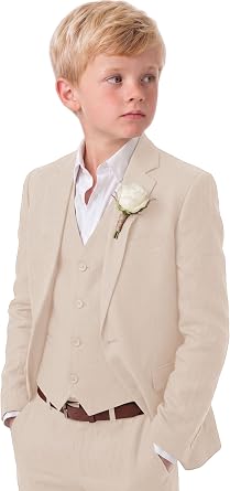 Boys Linen Suit 3 Pieces Blazer Vest Pants Summer Long Sleeve Beach Wedding Suits