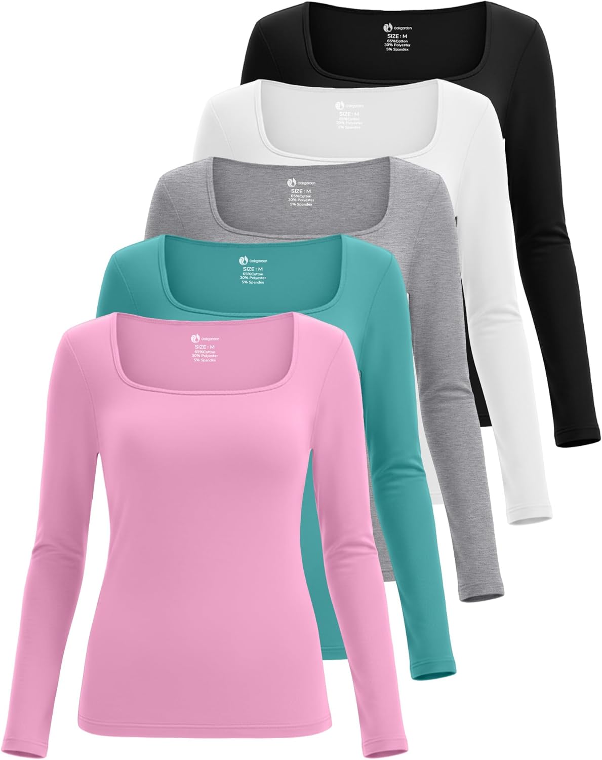 Oakgarden 5 Pack Womens Underscrub Shirts Long Sleeve Square Neck Slim Fit Tops Basic Layering Undershirts for Nurse