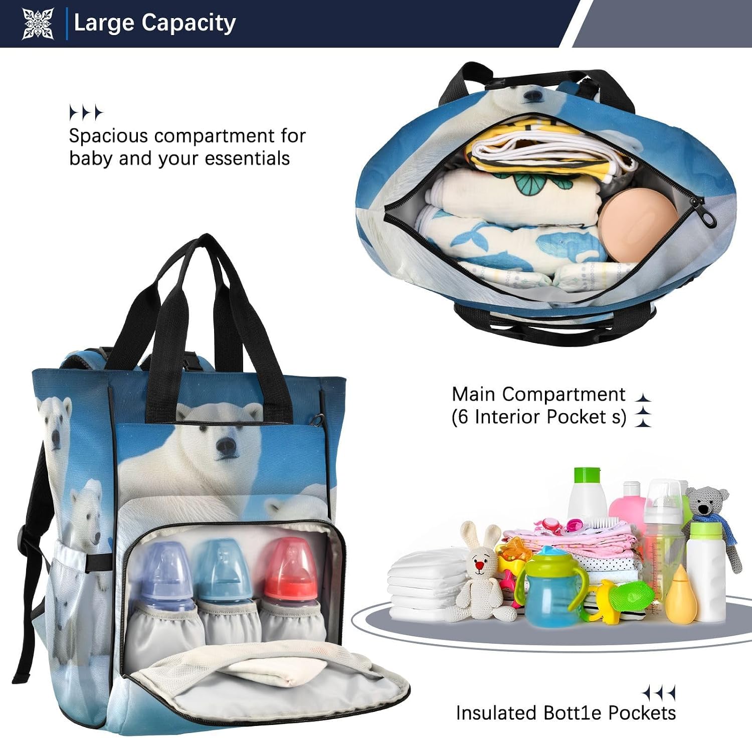 Cute Polar Bear Diaper Bag Backpack, Unisex Travel Baby Backpack Diaper Bags with Stroller Straps & Pacifier Case, Large Capacity Waterproof Diaper Backpack
