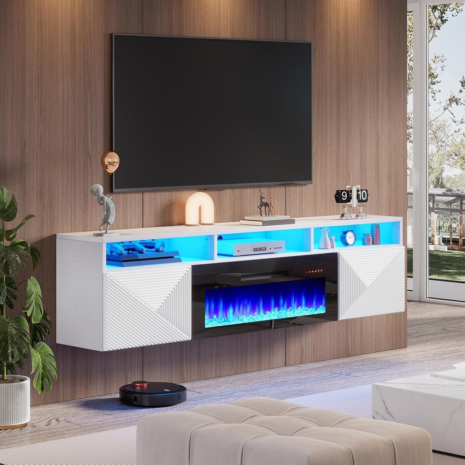 LUXOAK Floating TV Stand with 36" Electric Fireplace, 70 inch Wall Mounted Electric Fireplace Entertainment Center with Storage Space, TV Stand for Living Room for TVs Up to 80"