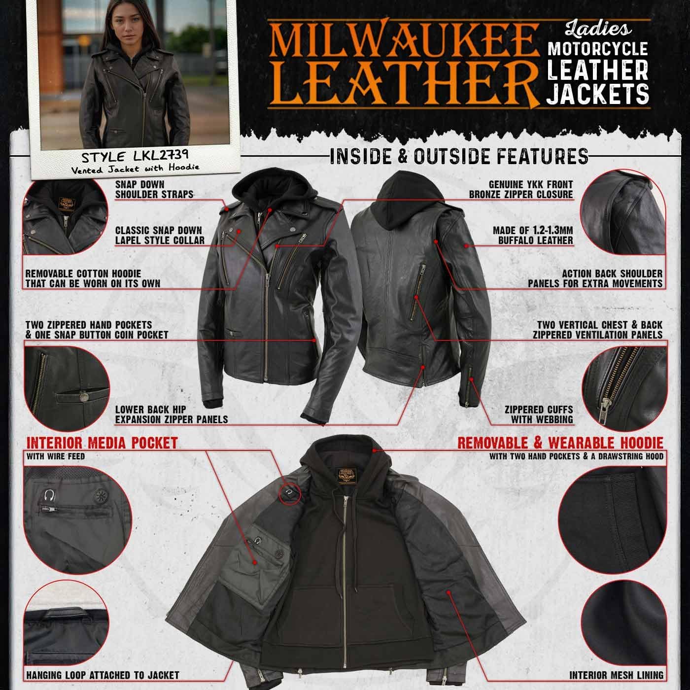 Milwaukee Leather LKL2739 Women's Black Premium Leather Vented Motorcycle Biker Jacket w/Hoodie