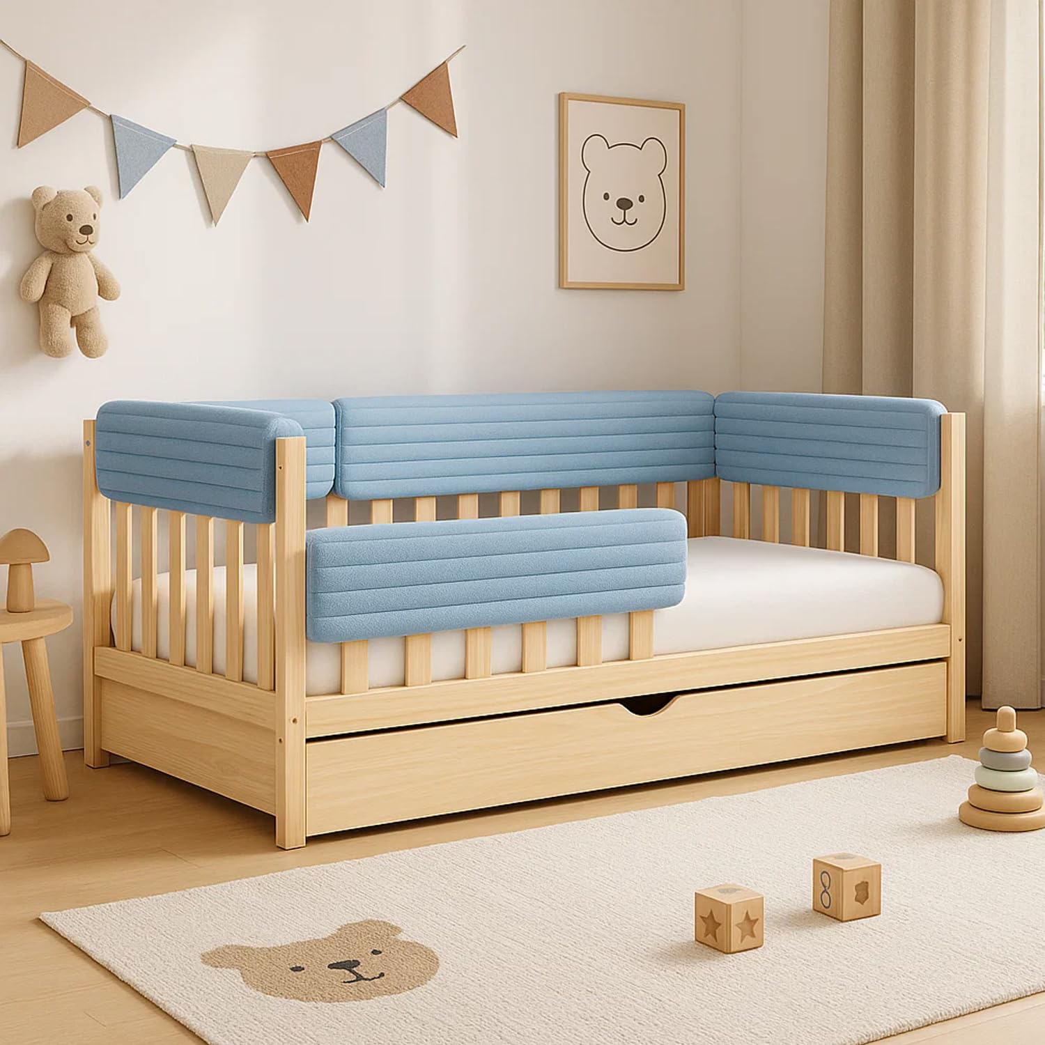 Bettkantenschutz für Kinderbetten Kissen für bettumrandung Rausfallschutz Abdeckung Kantenschutz für Babybett (BLAU Cord, 120cm)