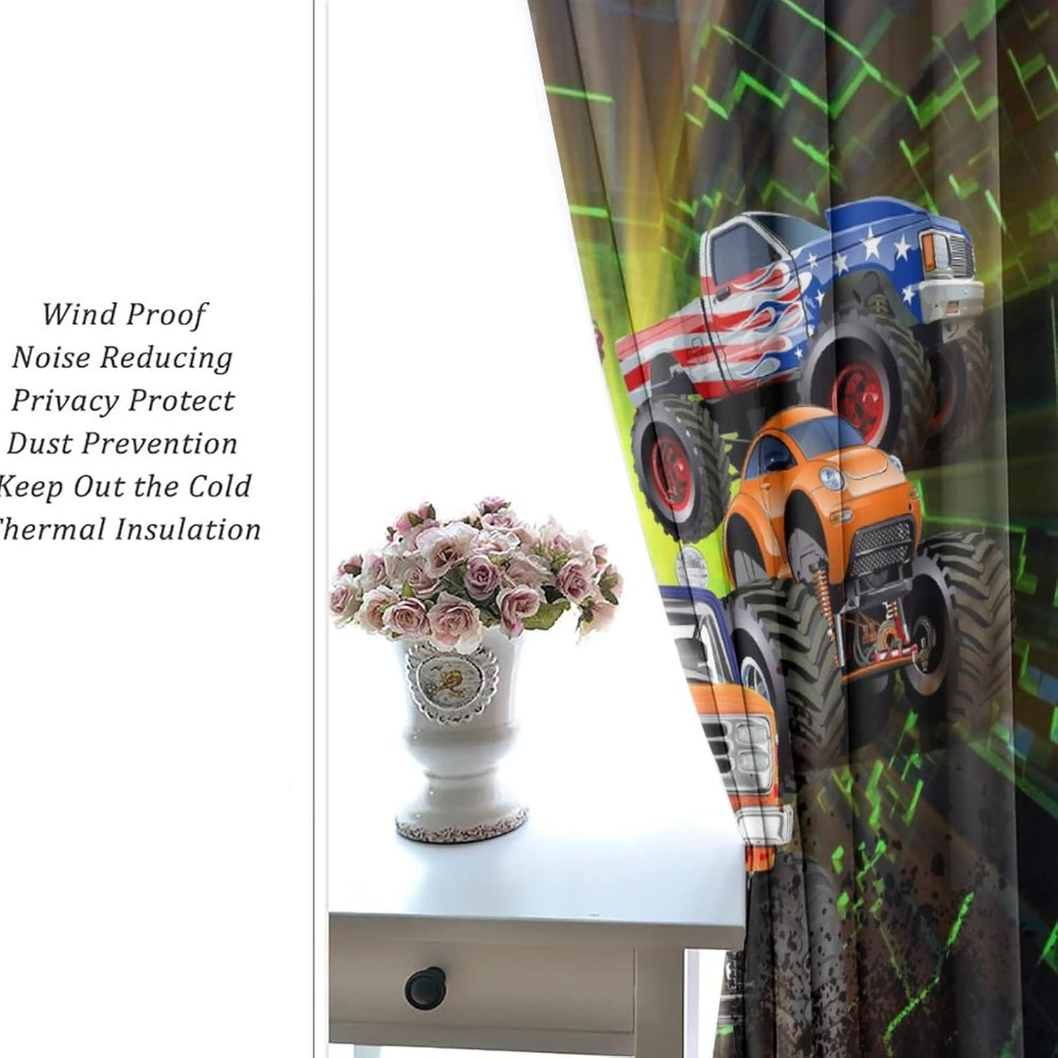 Cool Cartoon Monster Truck Ultra Soft Premier Blackout Curtains,Kids Boys Shabby Monster Trucks PrintThermal Insulated Bedroom Noise Reducing Patio Door Grommet Top,2 Panels 63L x 36W