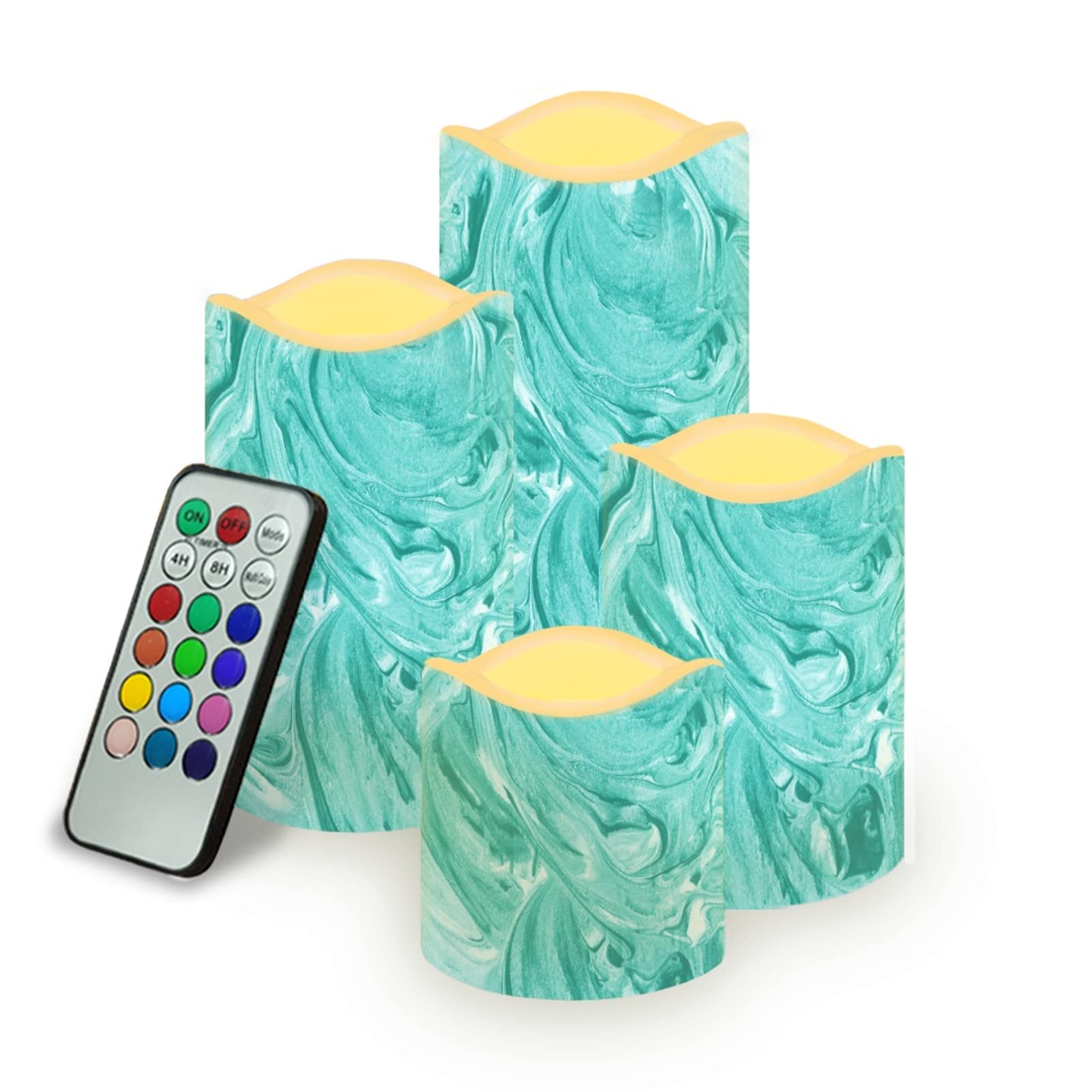 Kuiaobaty Flickering Electric Led Candle Teal Fluid Art Battery Powered Indoor Pillar Candles Lights Remote with 4/8-Hours Timer Function