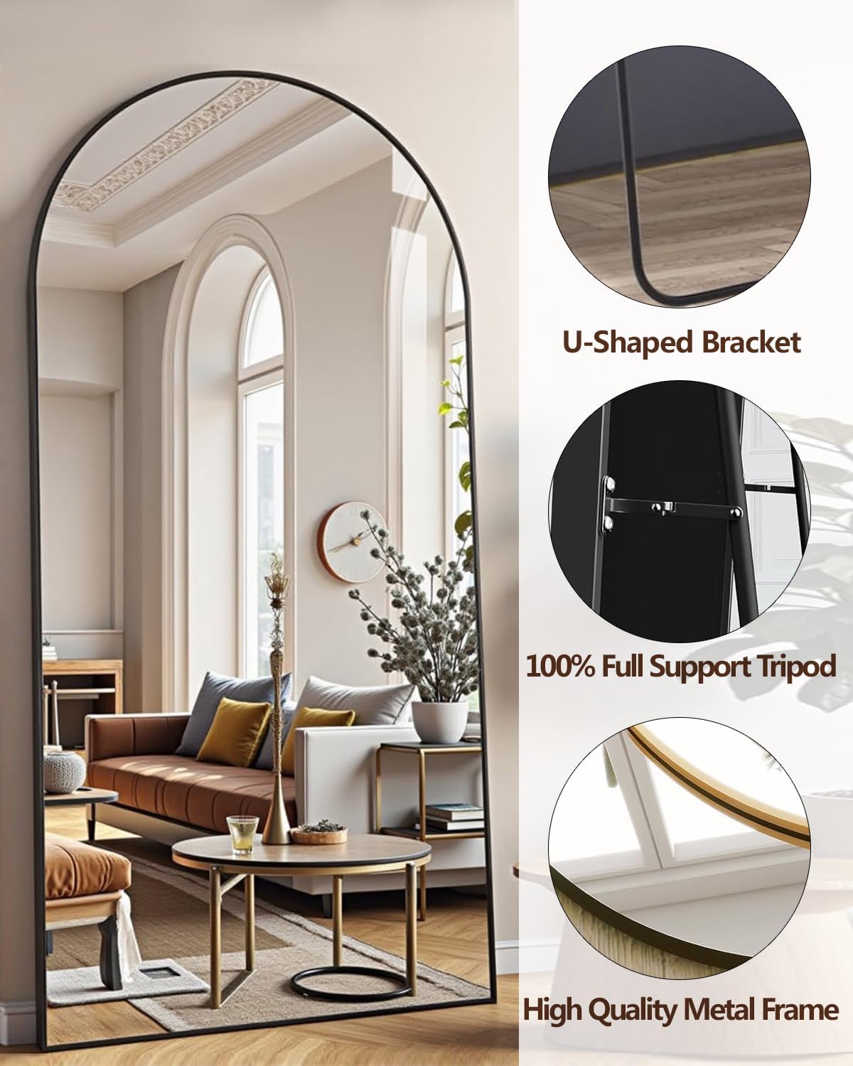 DMWOODFL 71"x26" Arched Full-Length Mirror with Explosion-Proof HD Glass - Oversized Floor or Wall-Mounted Full Body Mirror for Bedroom, Living Room, and Cloakroom (Black)