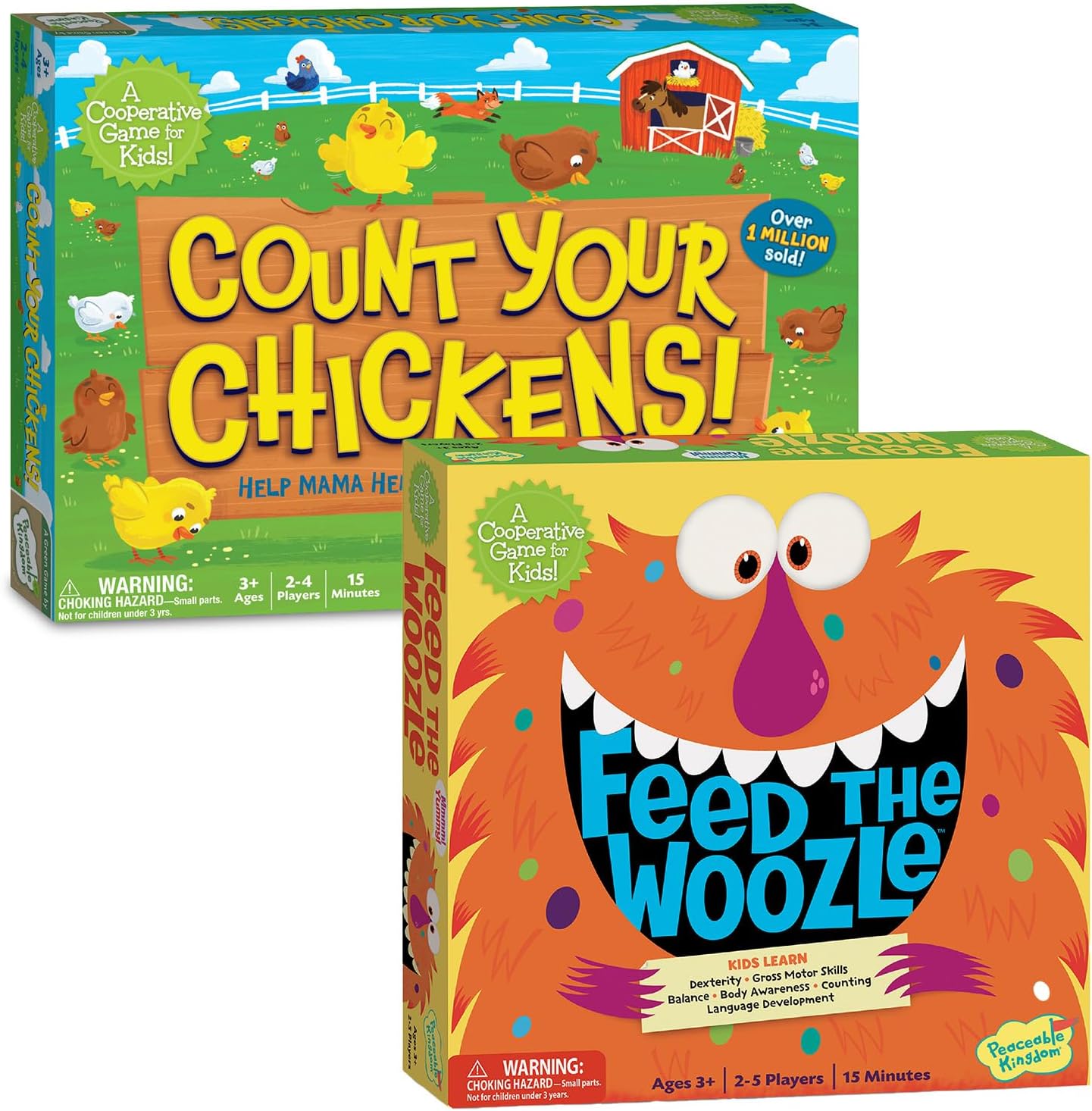 Peaceable Kingdom Count Your Chickens and Feed The Woozle Cooperative Board Games for Kids Bundle
