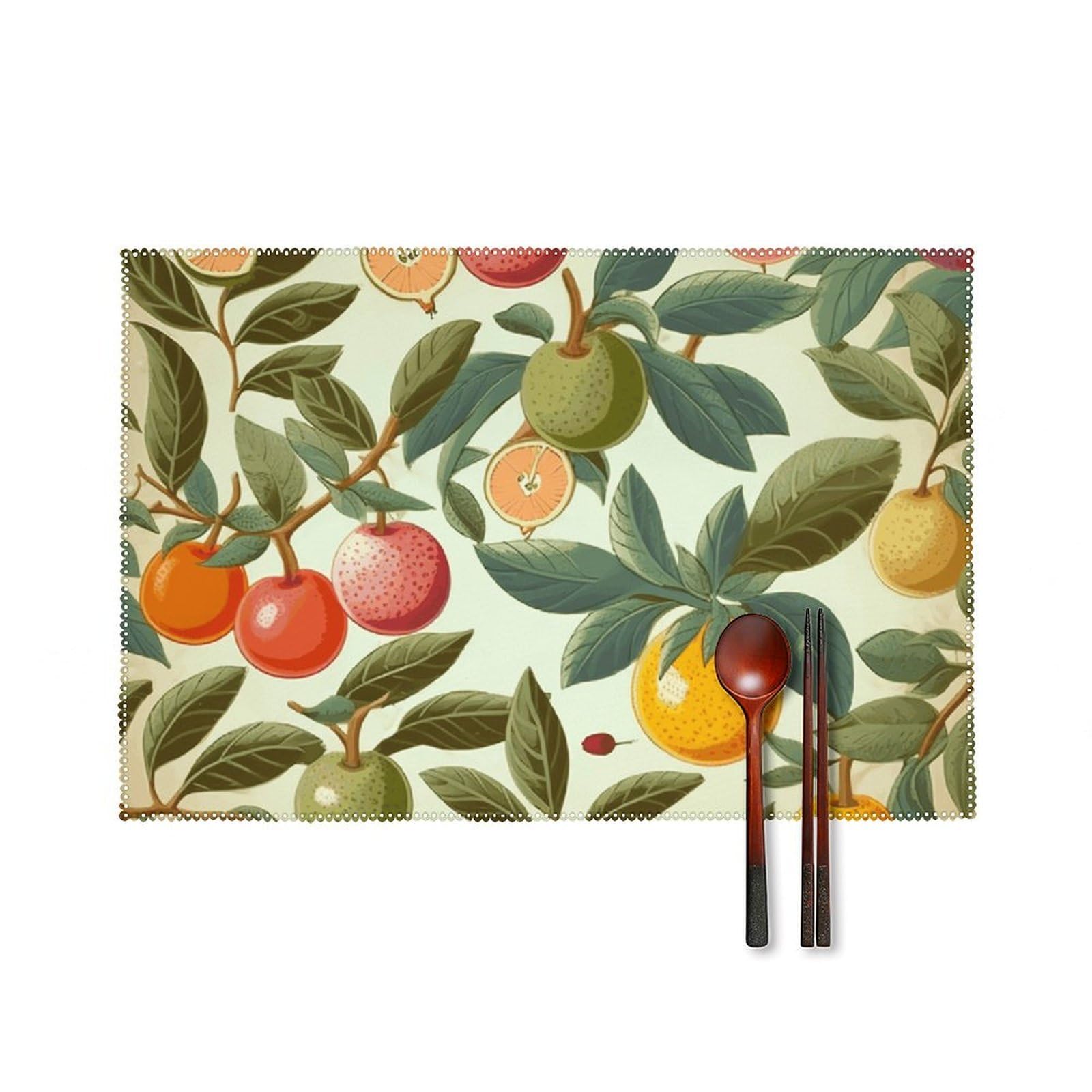 Plants and Fruits Placemats Set of 6, 12x18 Inch Heat Resistant Washable Canvas Table Mats, Stain Resistant Decorative Dining Placemats for Kitchen, Restaurant, Outdoor Party