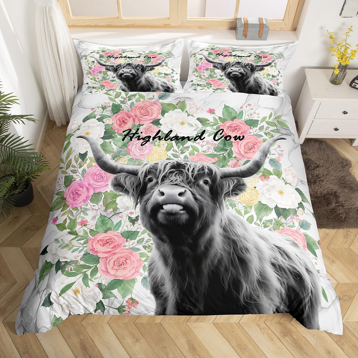 Homemissing Highland Cow Duvet Cover Set Super King Size For Kids Boys Girls Teens Floral Highland Cattle Bedding Set Farmhouse AnimalsDuvet Cover with 2 Pillowcases โ image 1