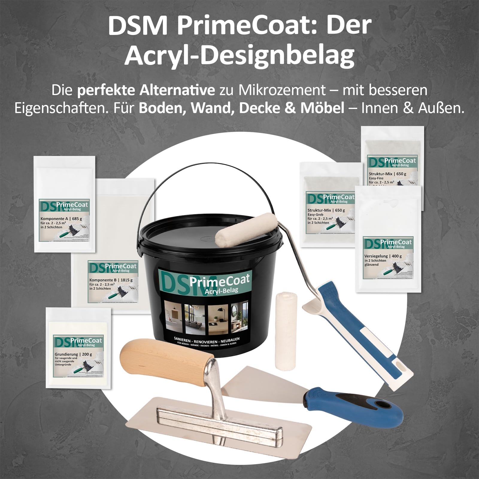 DSM PrimeCoat - Masilla acrílica para ducha y baño sin juntas, juego con accesorios para aprox. 4-5 m², M26 negro, incluye mezcla de estructuras Easy Grob, para pared, suelo, muebles, alternativa a