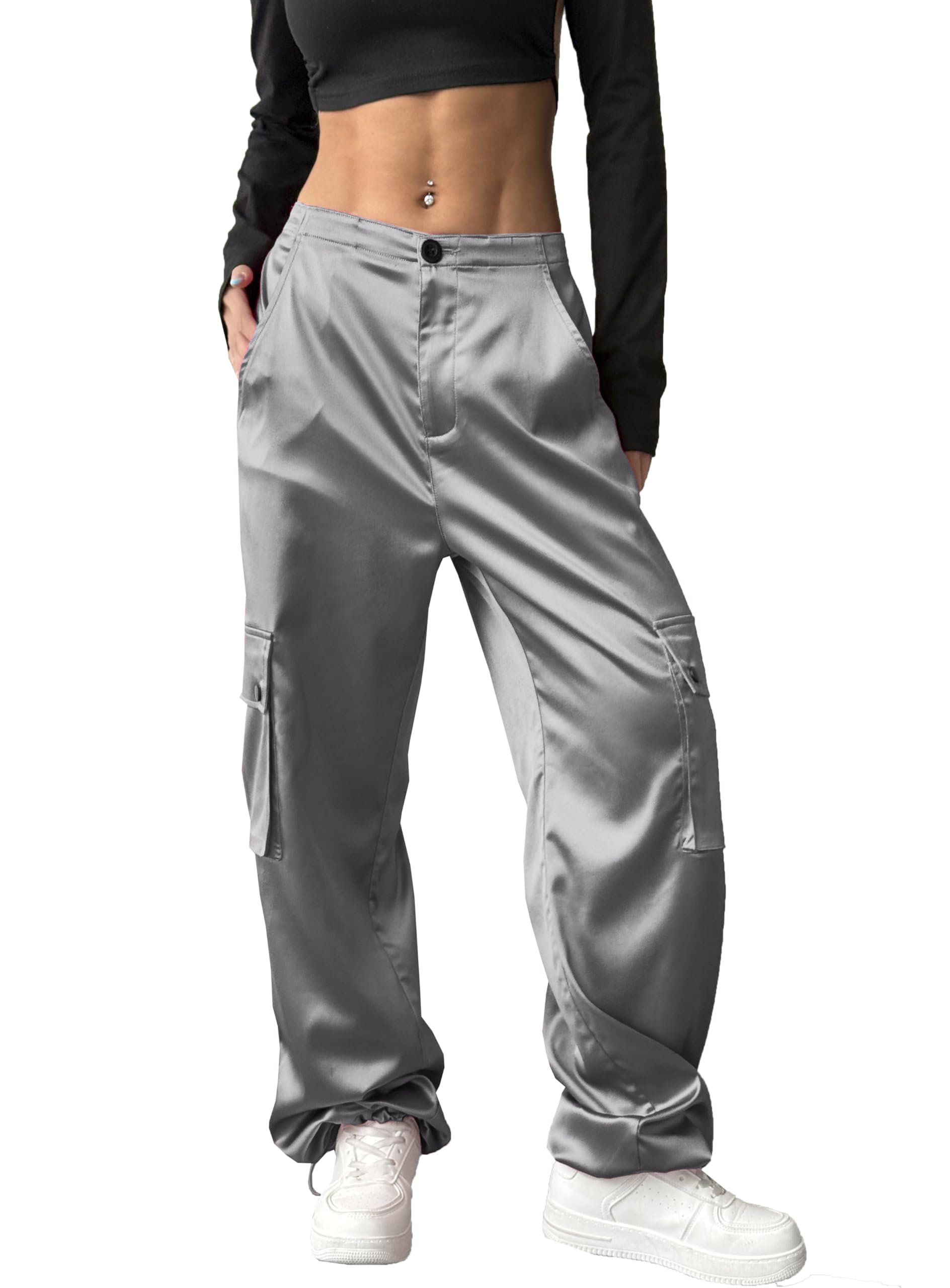 heipeiwa Womens Satin Cargo Pants Wide Leg Straight Multi Pockets High Waisted Baggy Casual Trouser Party Dressy Outfit
