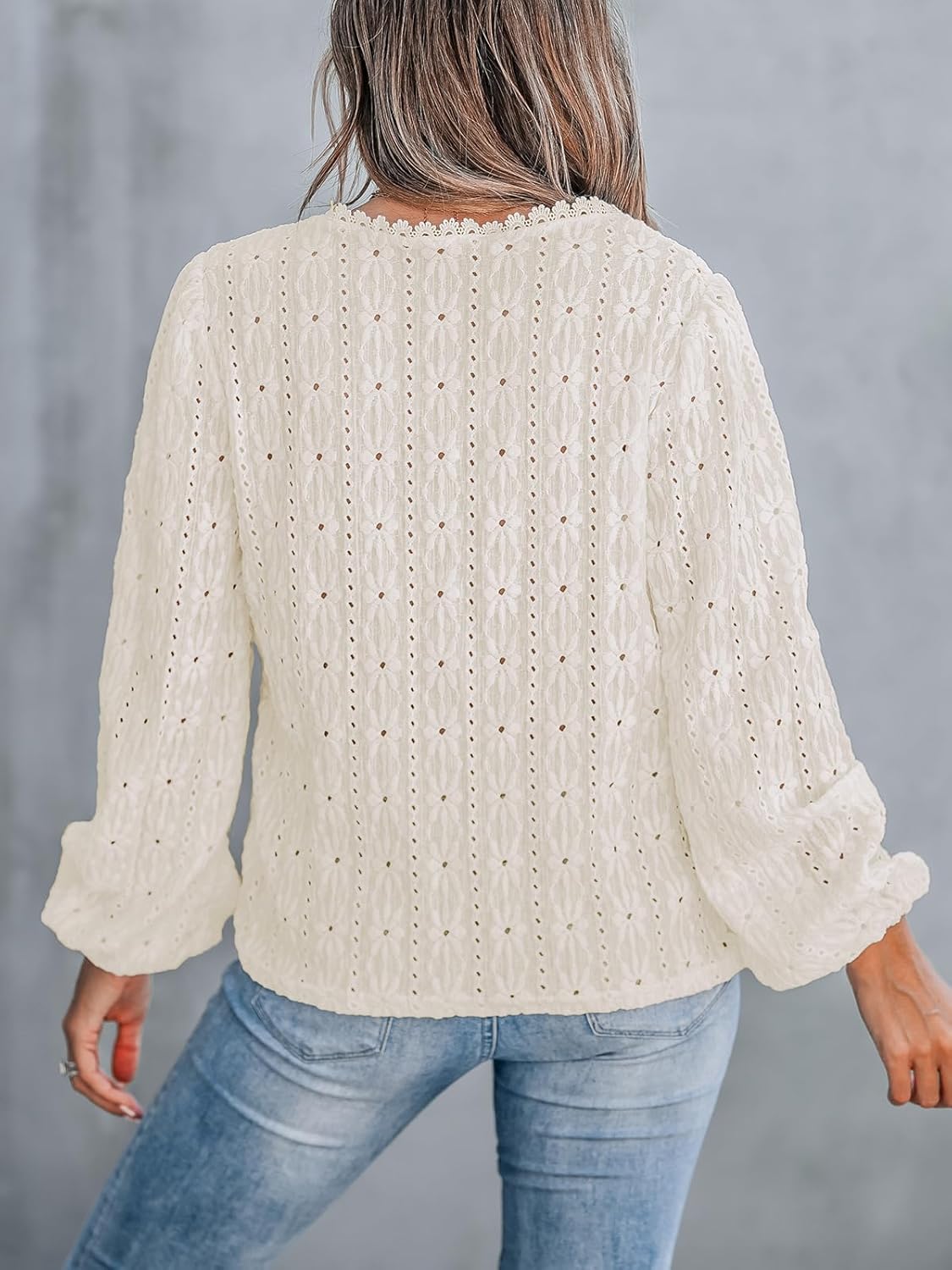 CUPSHE Women's Blouses Eyelet Tops Long Sleeve V Neck Puff Sleeve Shirts Dressy Casual - Image 5