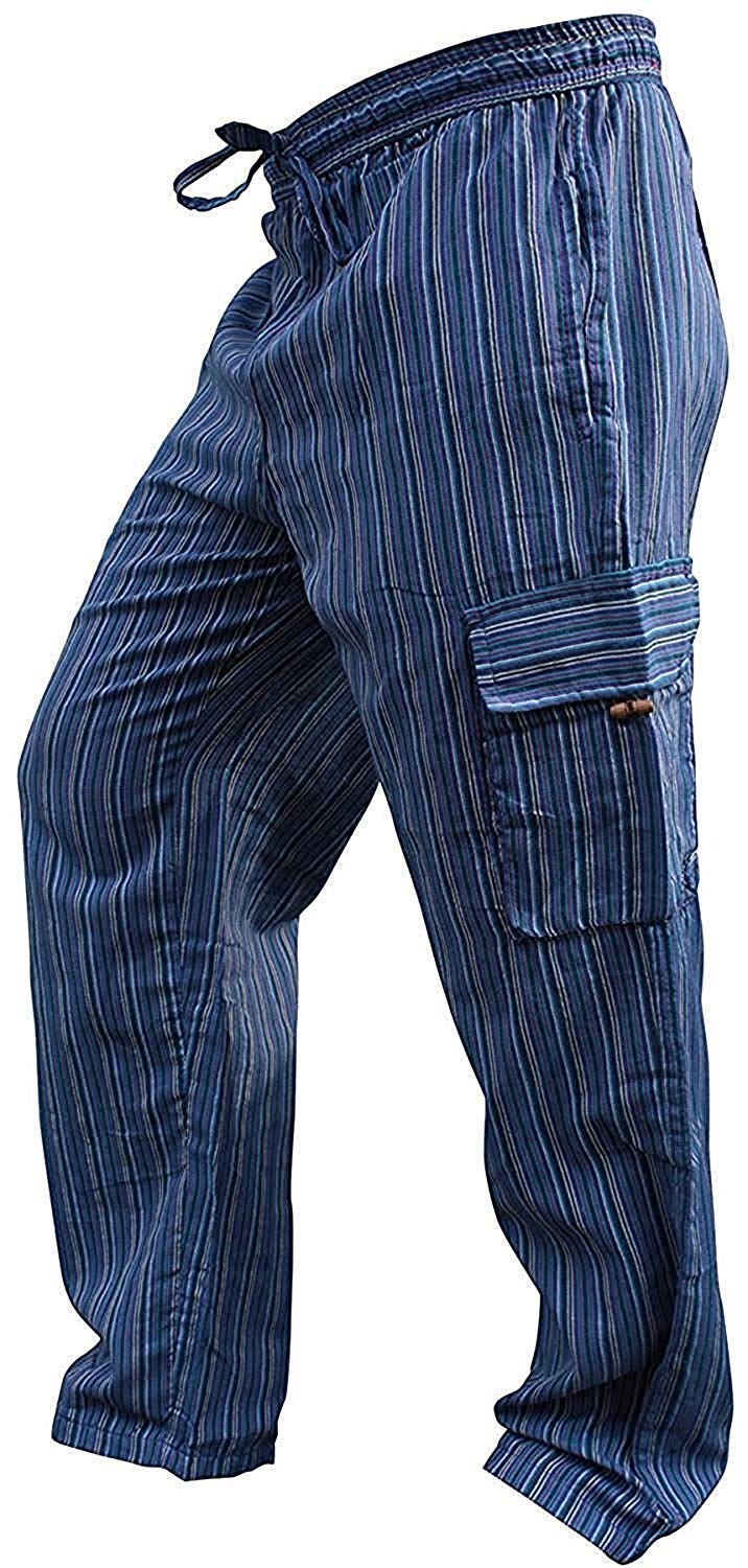 Shopoholic Men's Lightweight Stripe Hippie Combat Trousers - 100% Cotton, Elastic Waist (L Grey, Medium)