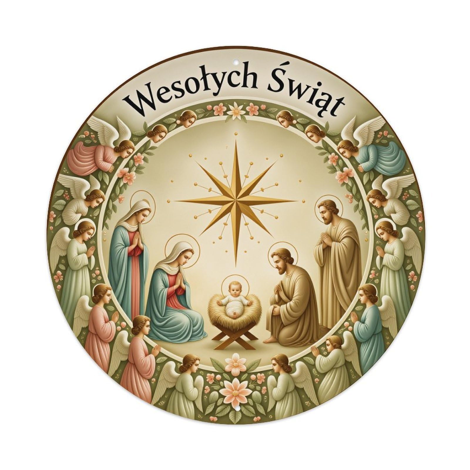 Christmas Nativity Scene With Angels Round Tin Sign Vintage Style Metal Sign Home Bar Garden Wall Plaque Decor Metal Poster 8x8 Inch