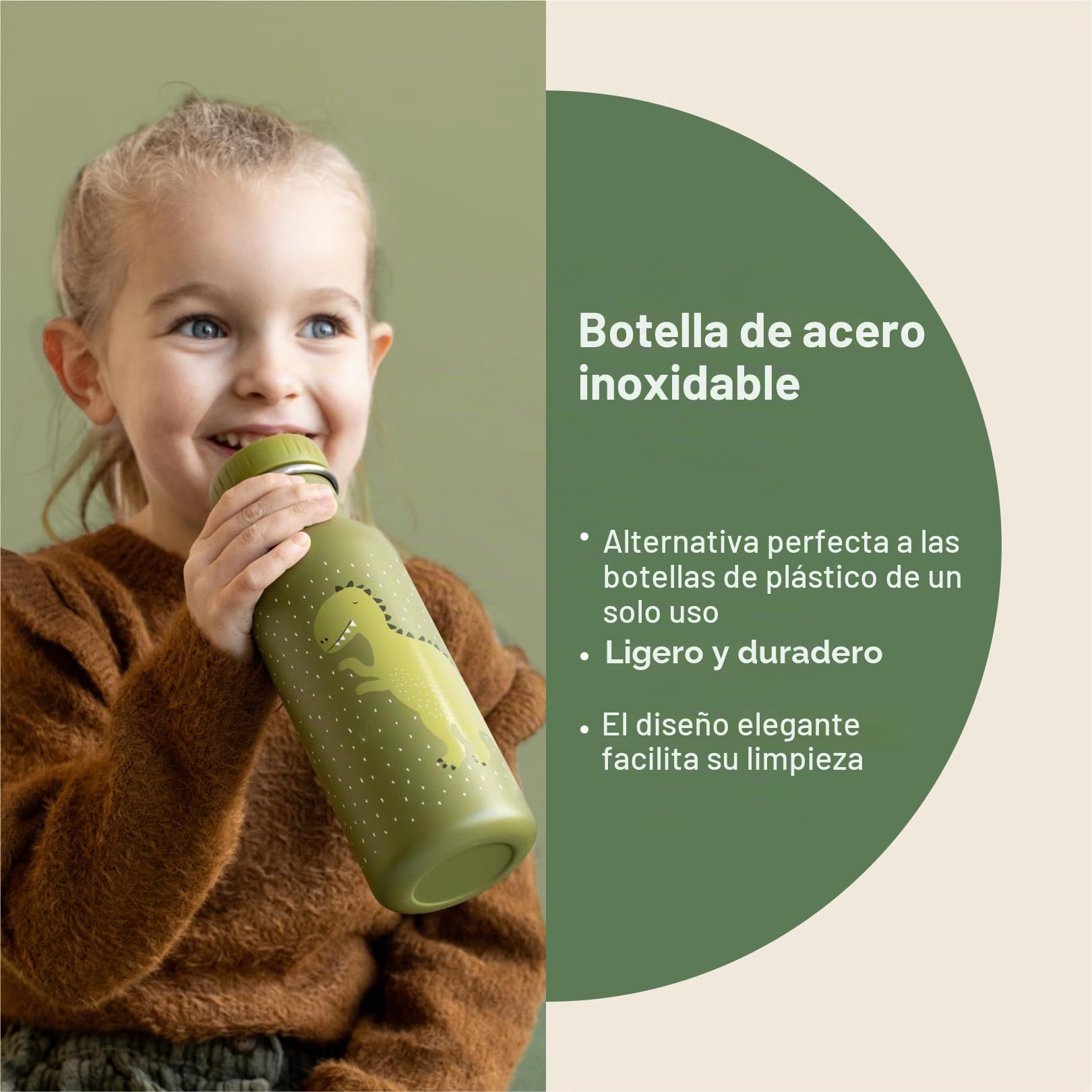 Trixie - Botella de beber para niños de acero inoxidable 500ml - Mr. Dino (Dinosaurio)