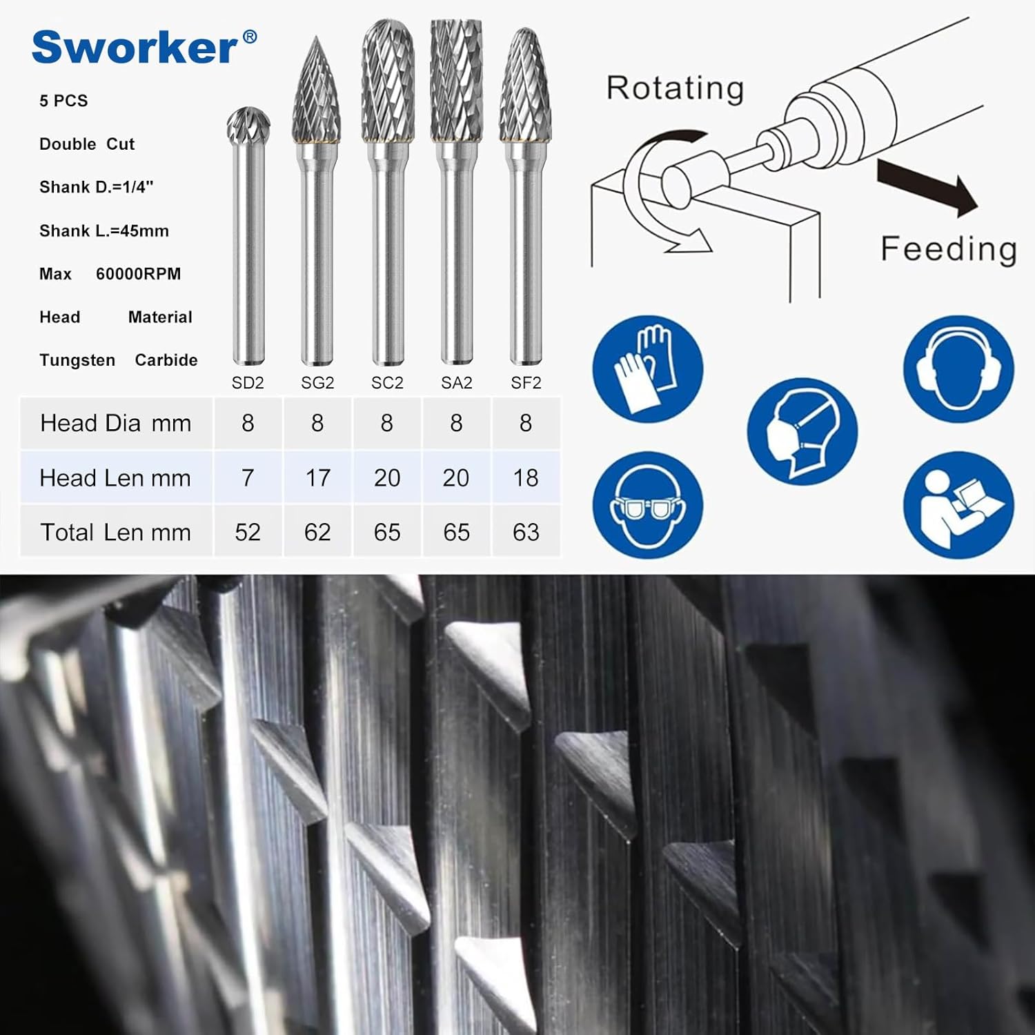 Sworker 5Pcs Carbide Burr Set 1/4 Shank w/Clear Box Head Dia 8mm Die Grinder Bits Rotary Tools Attachment Kit Rasp File Accessories Metal Wood Stone Steel Grinding Deburring Cutting Porting Carving