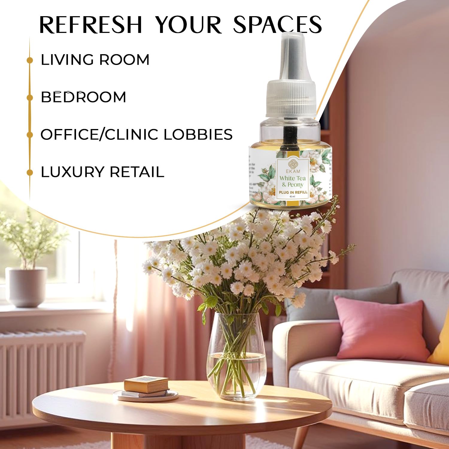 EKAM Plug-In Air Freshener Refill (45ml) | White Tea & Peony Scent for Room/Bathroom | Automatic Refill | Lasts up to 125 Days / 500 Hours | Perfect for Living Rooms, Bedrooms & More - Image 7 thumbnail