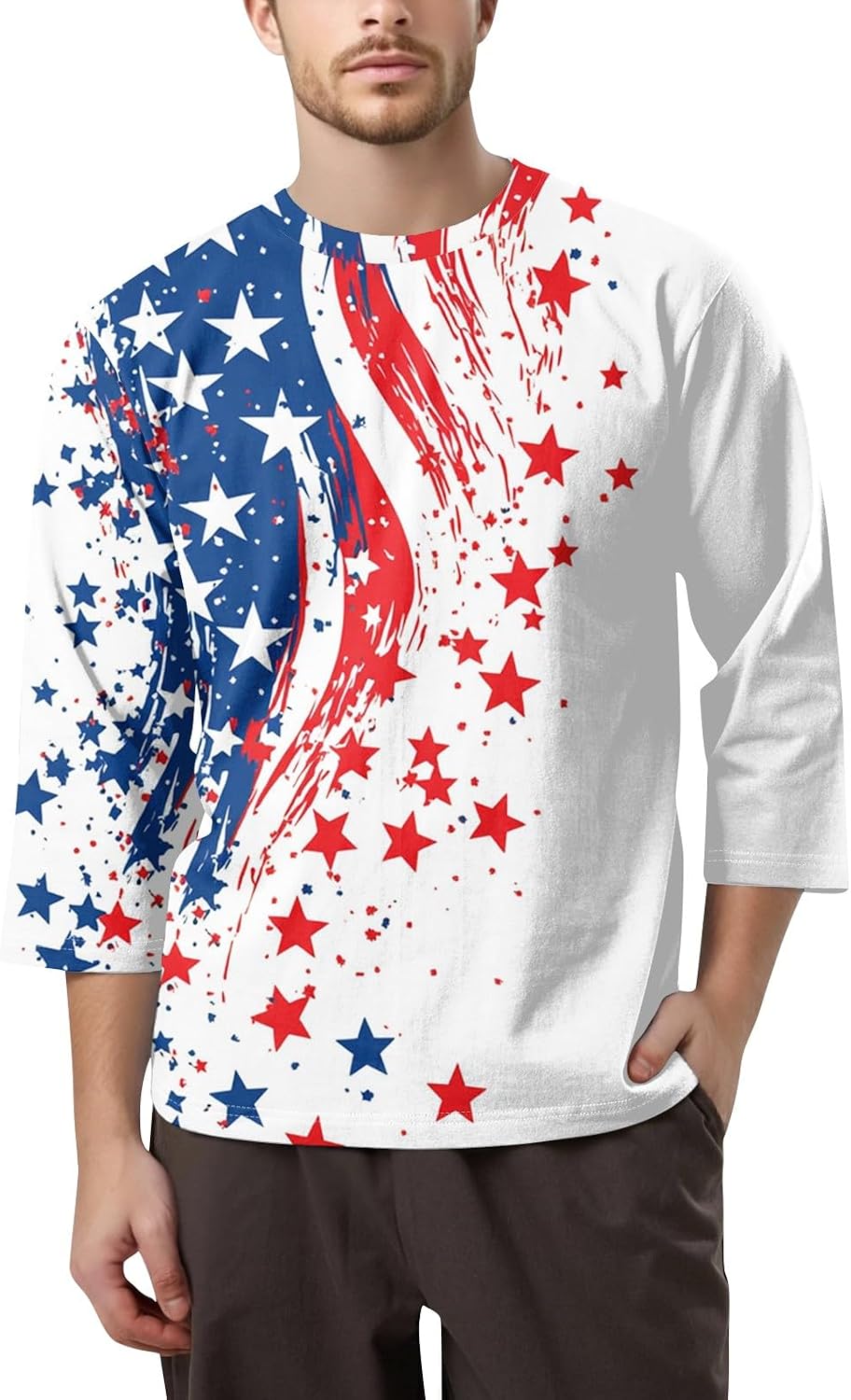 WENKOMG1 Men's Independence Day Shirt 3/4 Sleeve Flag Print USA Patriotic Tee Tops, S-4XL