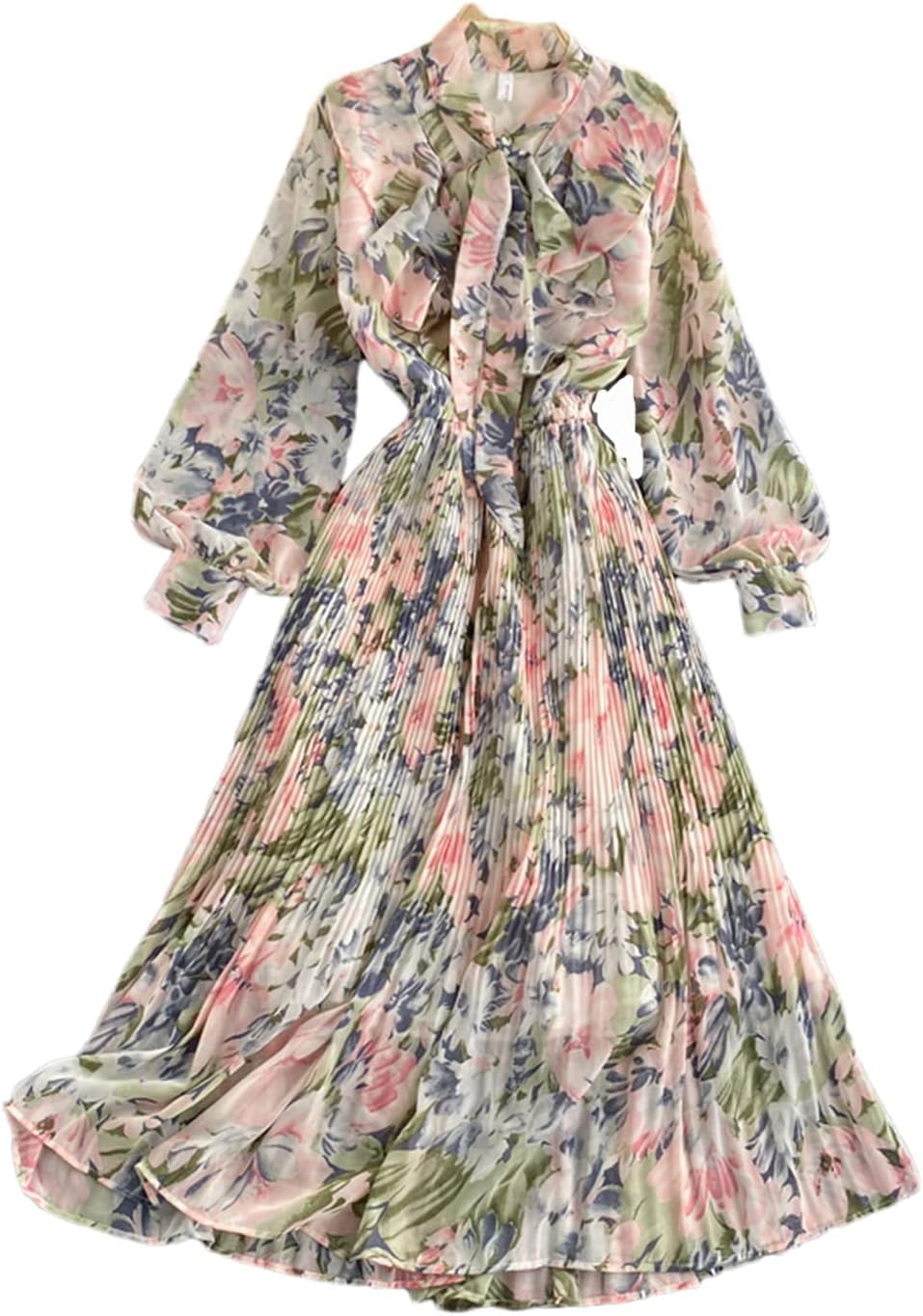 Spring Bow Collar Long-Sleeved Floral Chiffon Dress Women Vintage Pleated Mid-Calf Dress