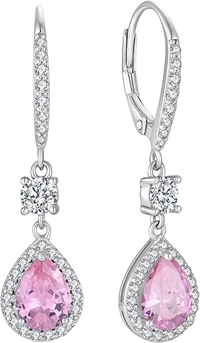 Vesitim White Gold Plated Teardrop Dangle Drop Earrings Sterling Silver Gemstones Lever-back Earring for Women Jewelry with Months Birthstone