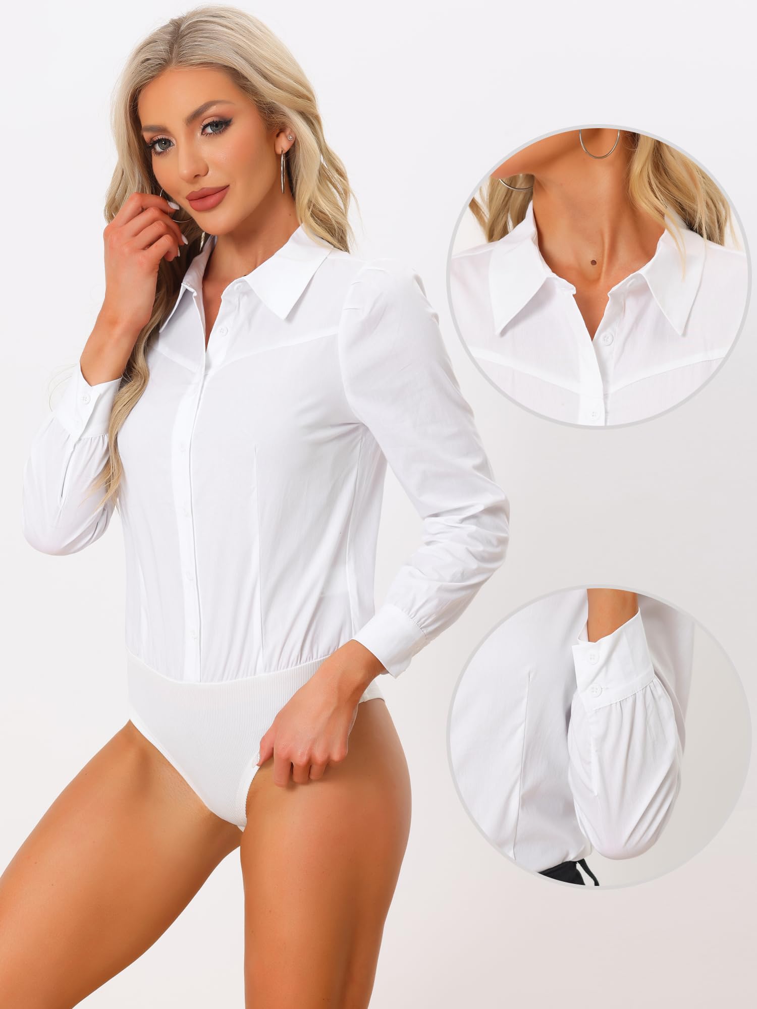 Allegra K Damen Langarm Leotard Bluse Revers Knopfleiste Business Bodysuit Arbeit Oberteil Einfarbig Blusenbody